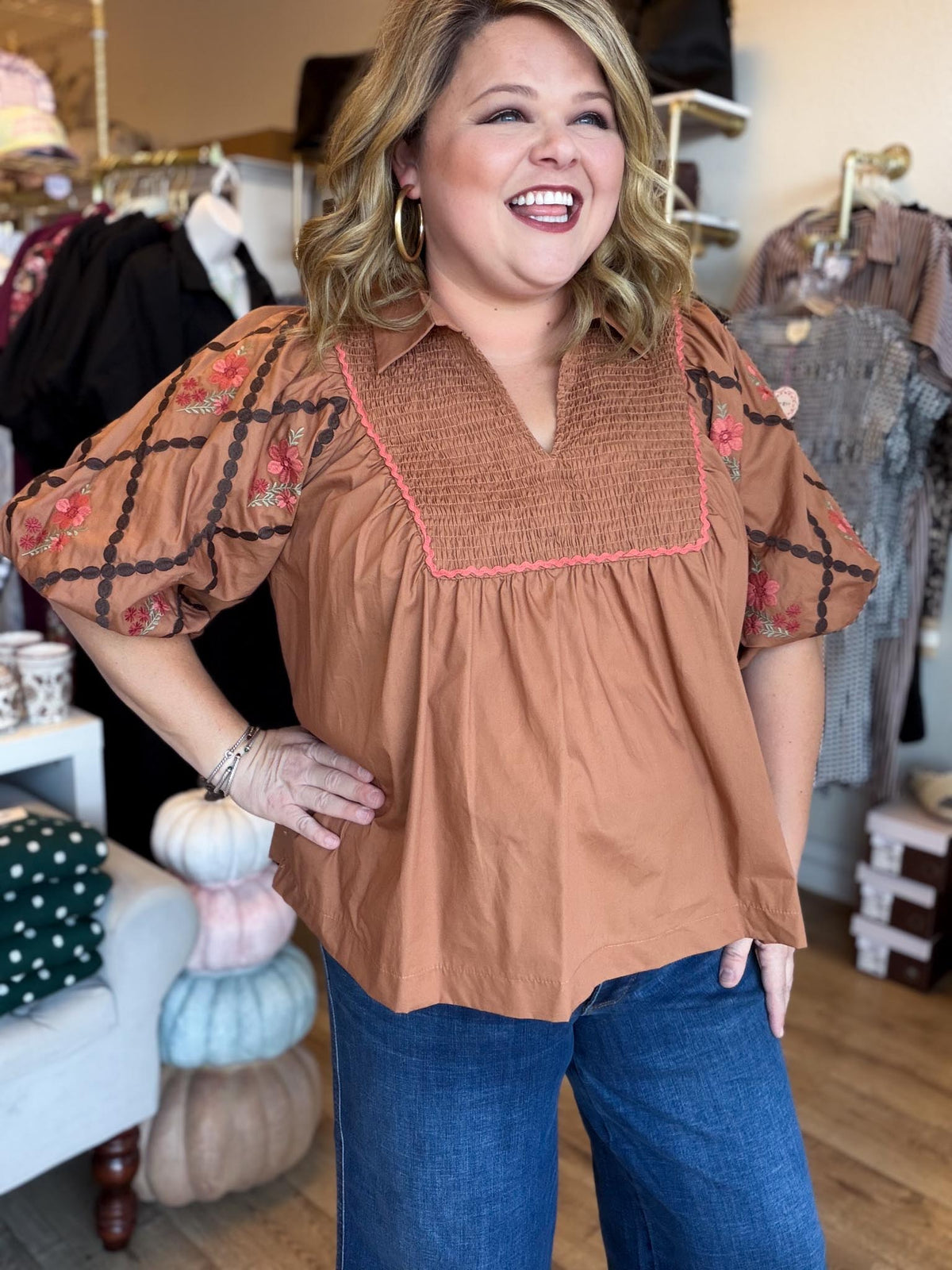 Look at Me Now Plus-Size Chestnut Embroidered Top