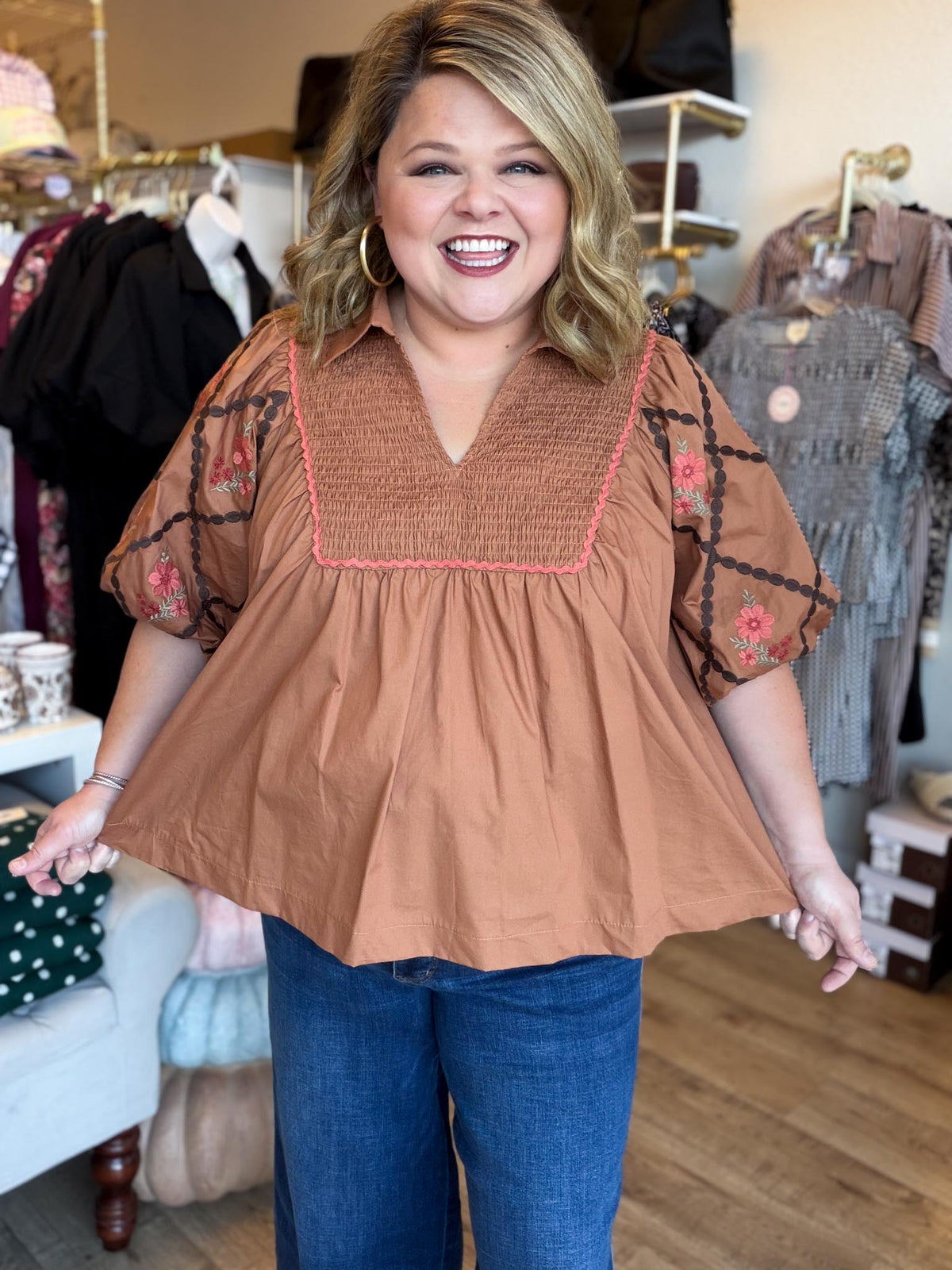 Look at Me Now Plus-Size Chestnut Embroidered Top