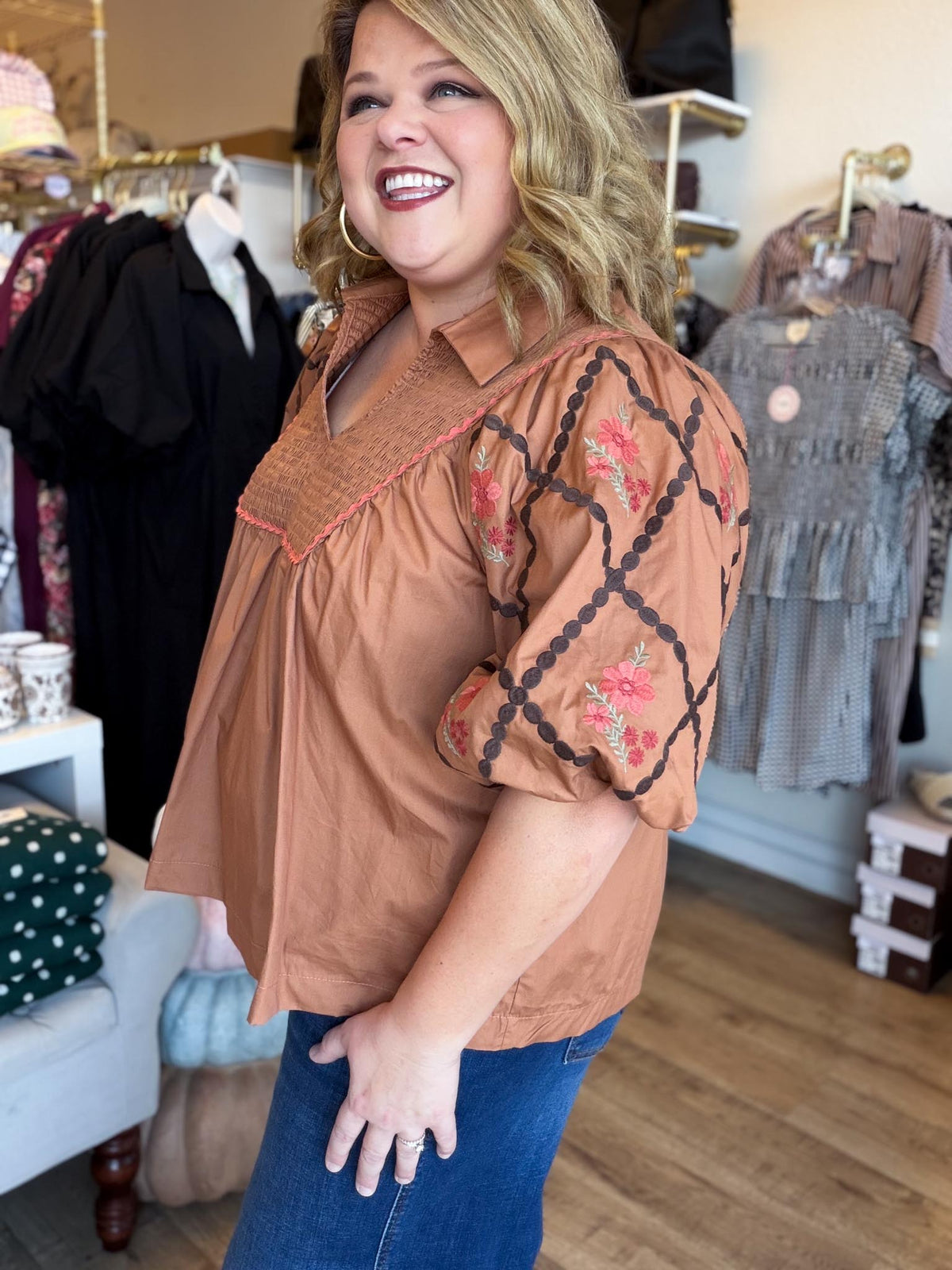 Look at Me Now Plus-Size Chestnut Embroidered Top