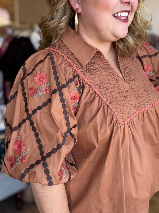 Look at Me Now Plus-Size Chestnut Embroidered Top