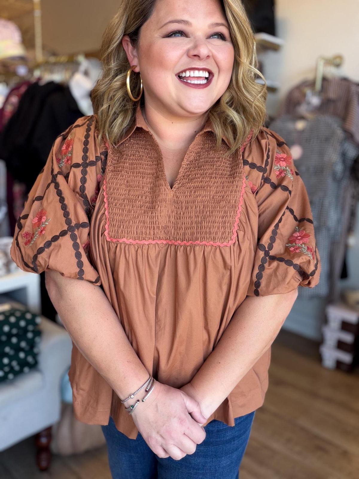 Look at Me Now Plus-Size Chestnut Embroidered Top