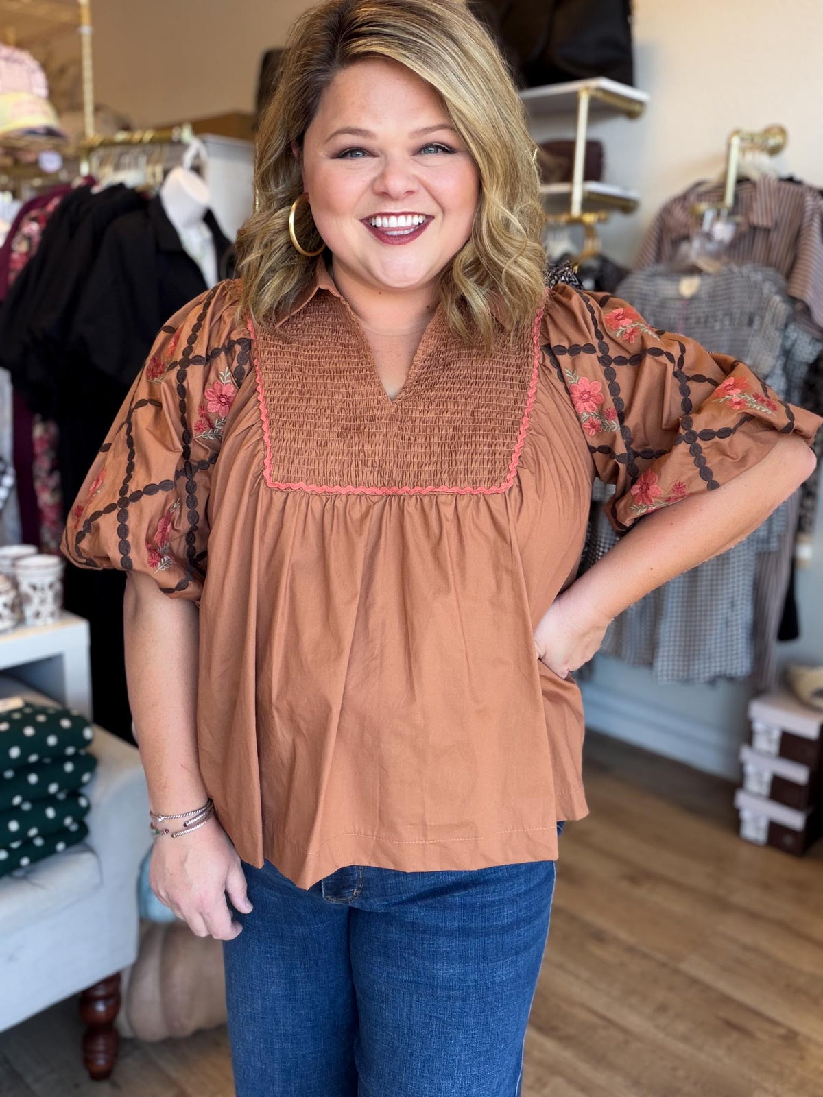 Look at Me Now Plus-Size Chestnut Embroidered Top