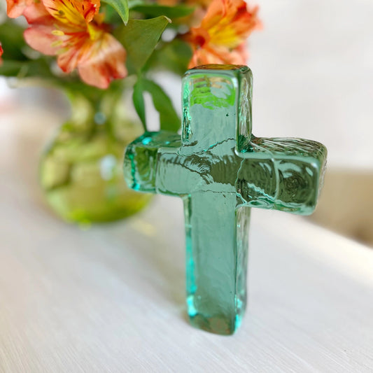 "Loves You More" Seaglass Green Glass Cross in Gift Box