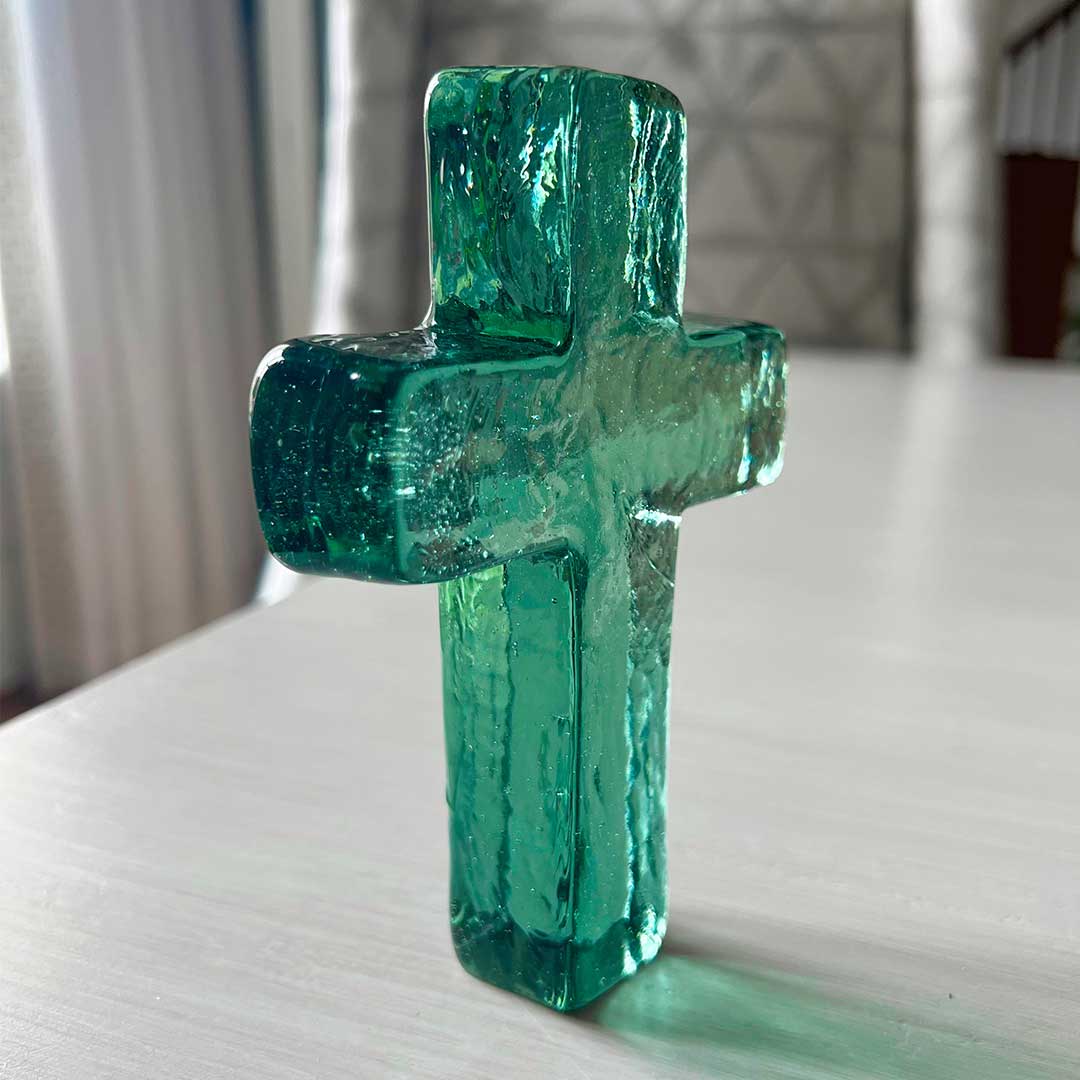 "Loves You More" Seaglass Green Glass Cross in Gift Box