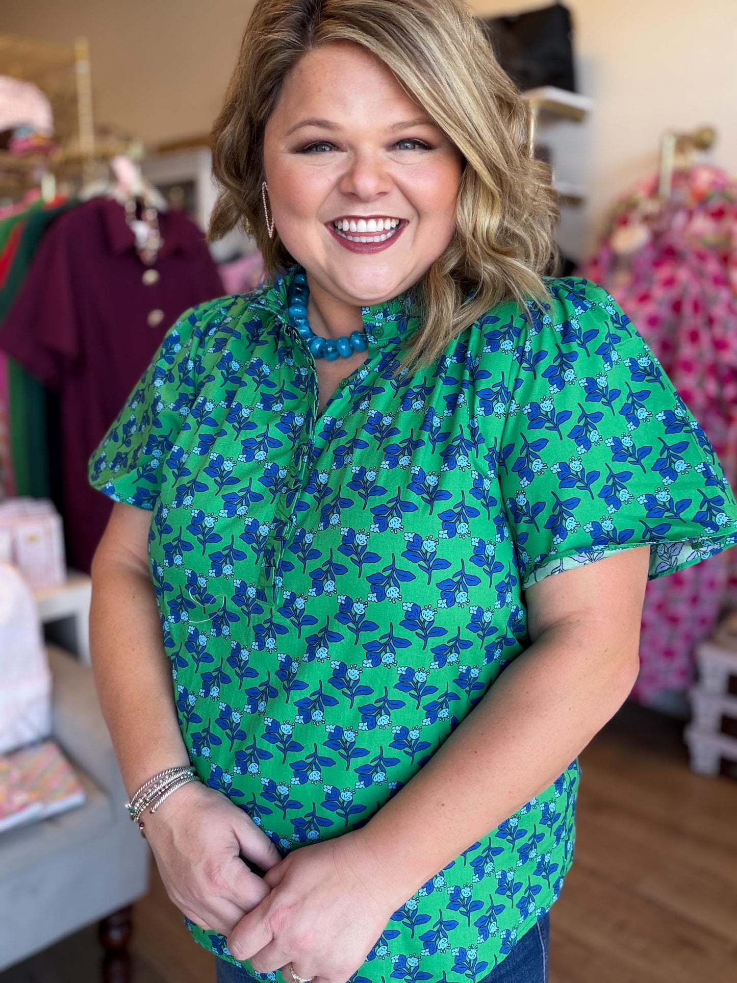 Lucky Day Plus-Size Kelly Green Floral Ruffle Top