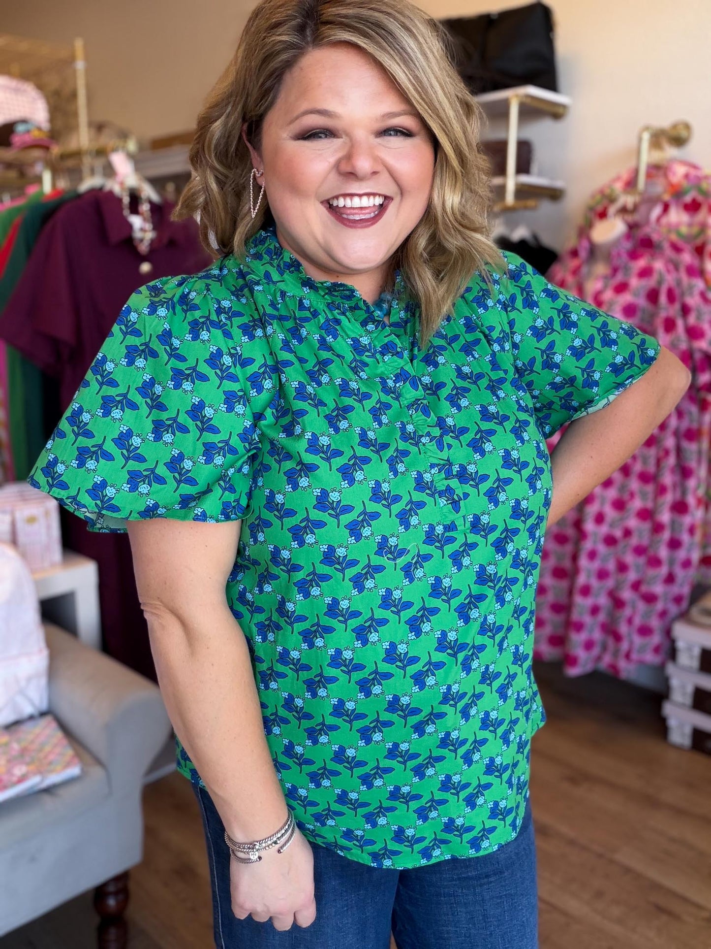 Lucky Day Plus-Size Kelly Green Floral Ruffle Top