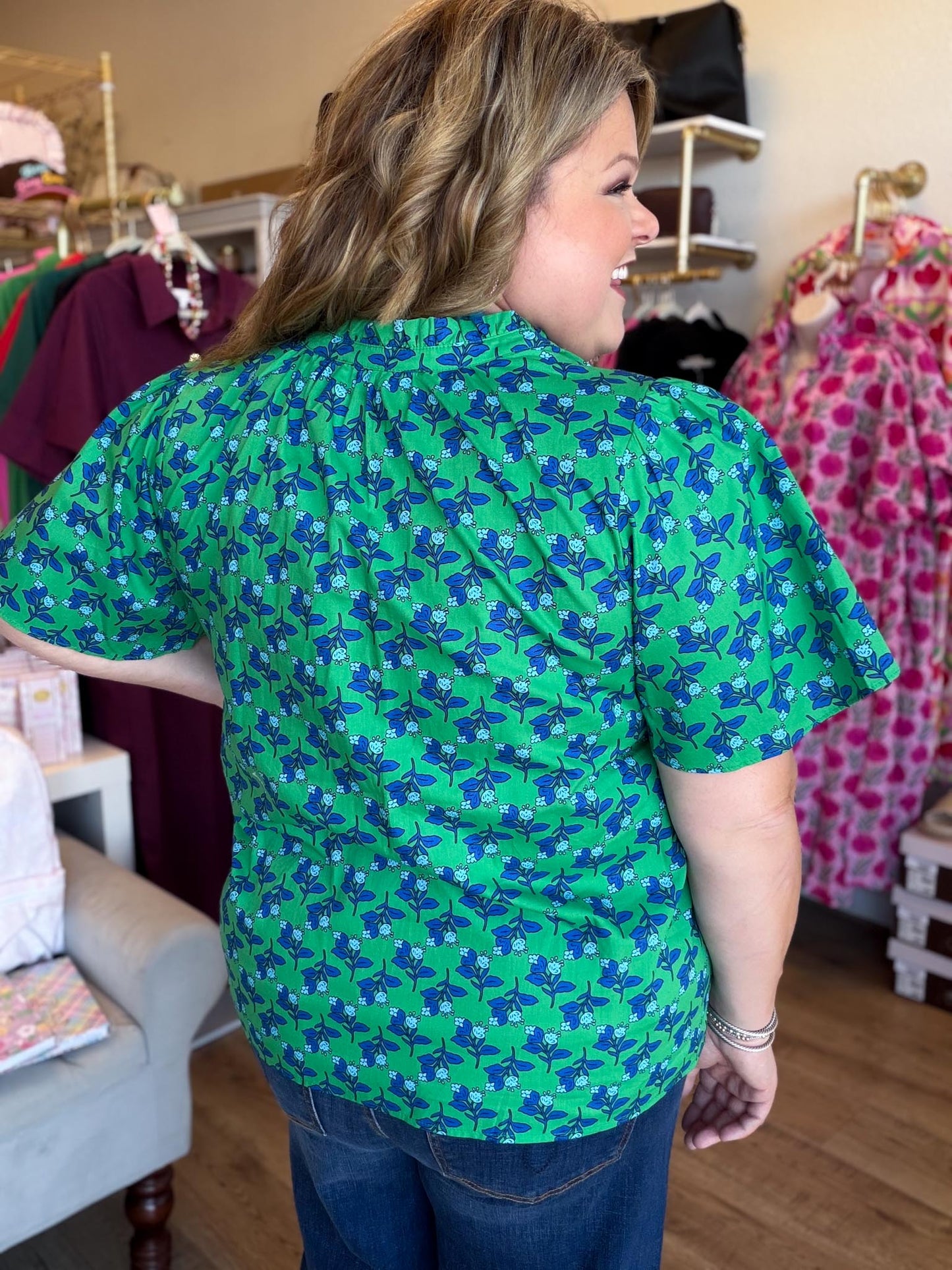 Lucky Day Plus-Size Kelly Green Floral Ruffle Top