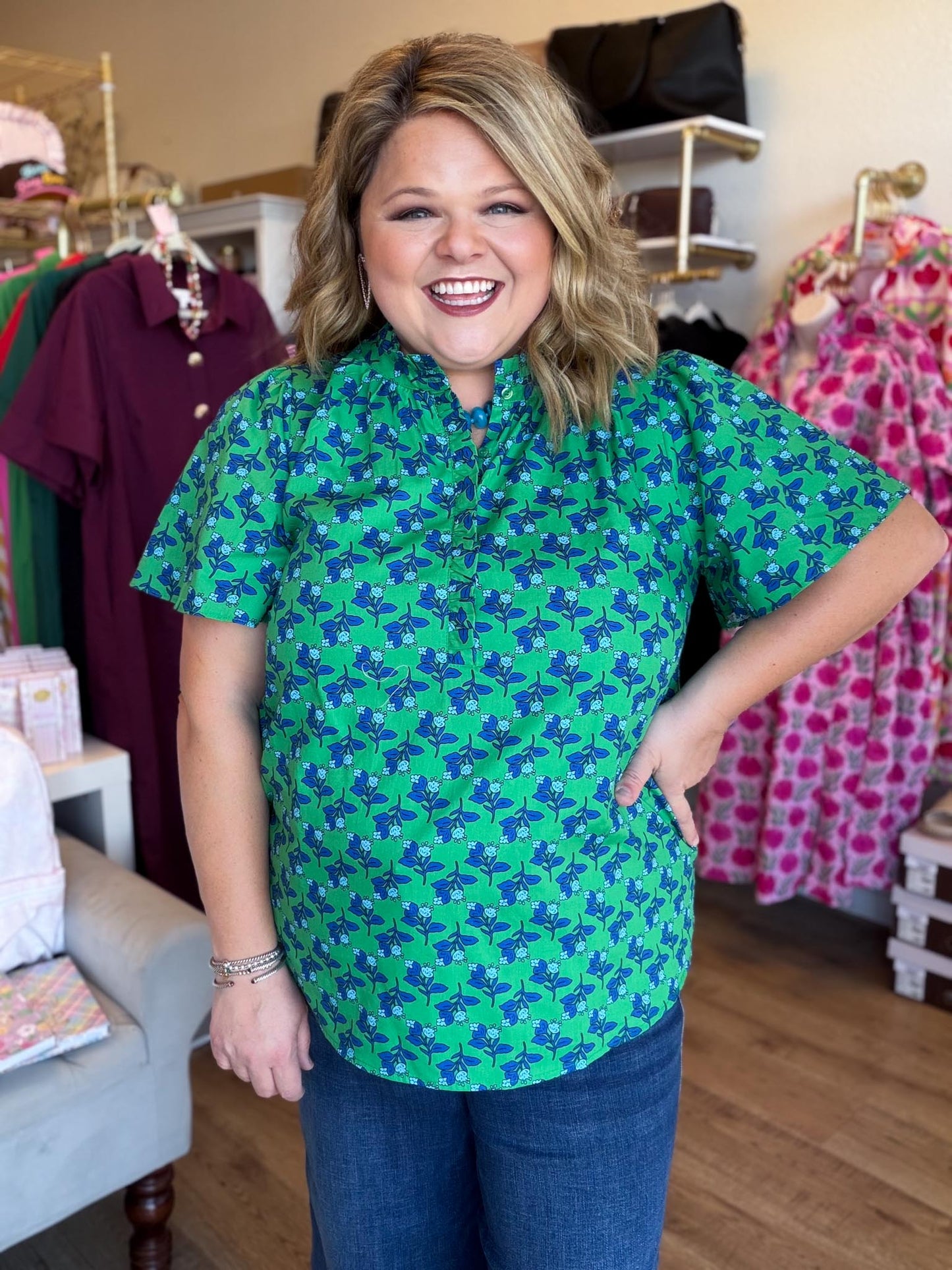 Lucky Day Plus-Size Kelly Green Floral Ruffle Top