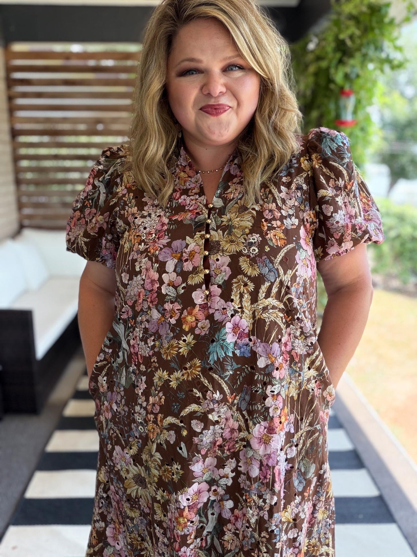 Luxe Layers Curvy Brown Floral Eyelet Midi Dress