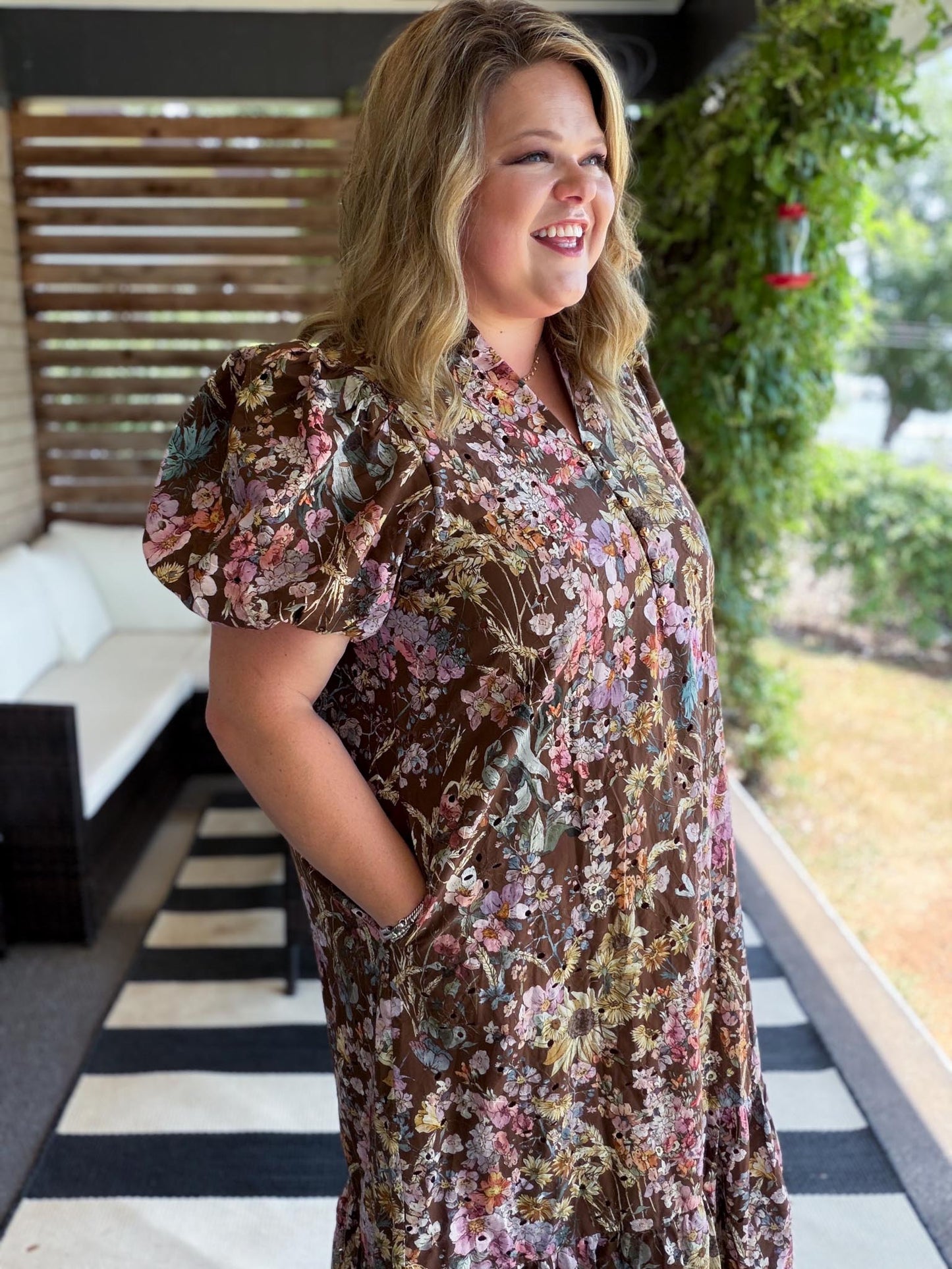 Luxe Layers Curvy Brown Floral Eyelet Midi Dress