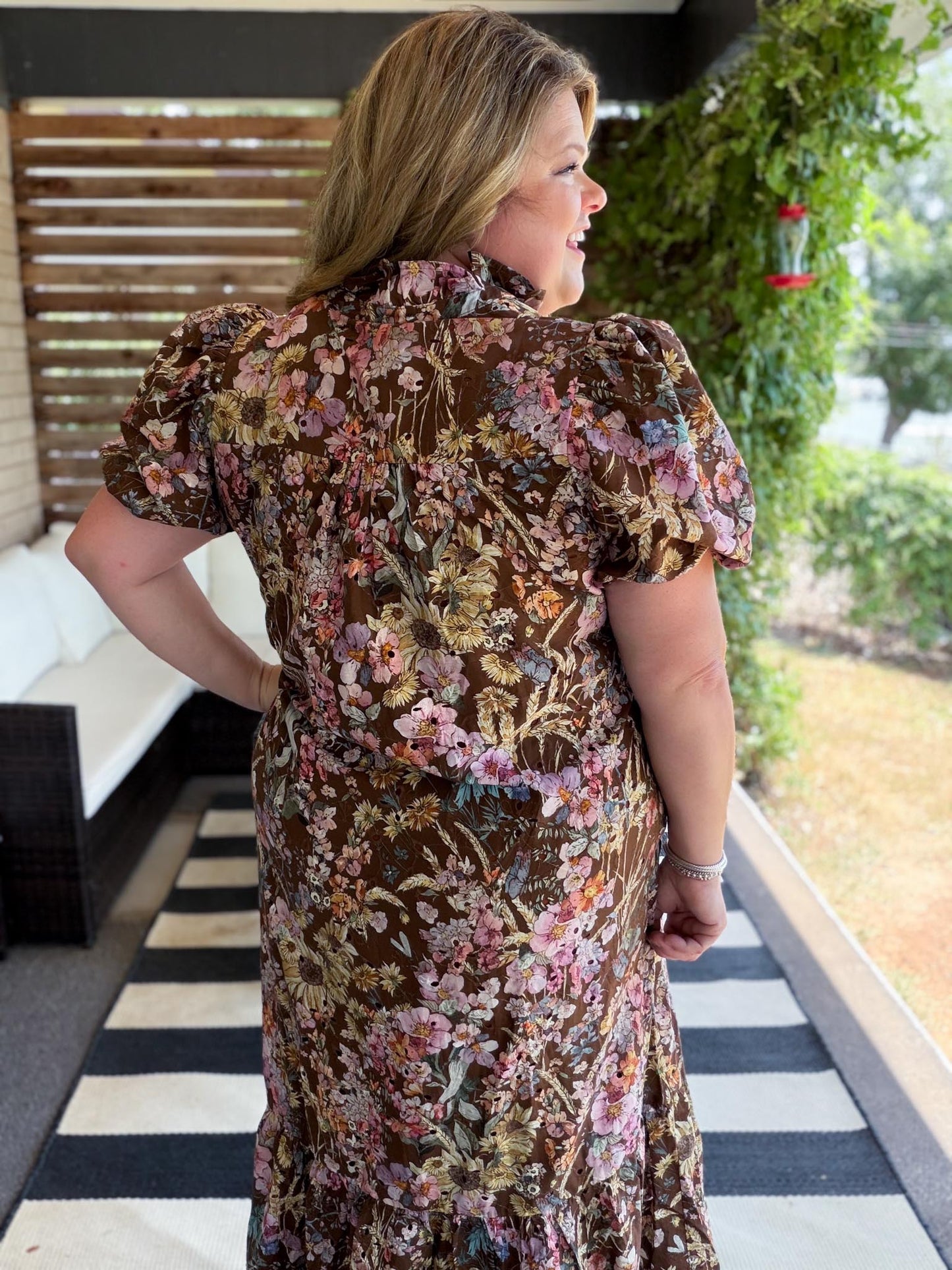 Luxe Layers Curvy Brown Floral Eyelet Midi Dress