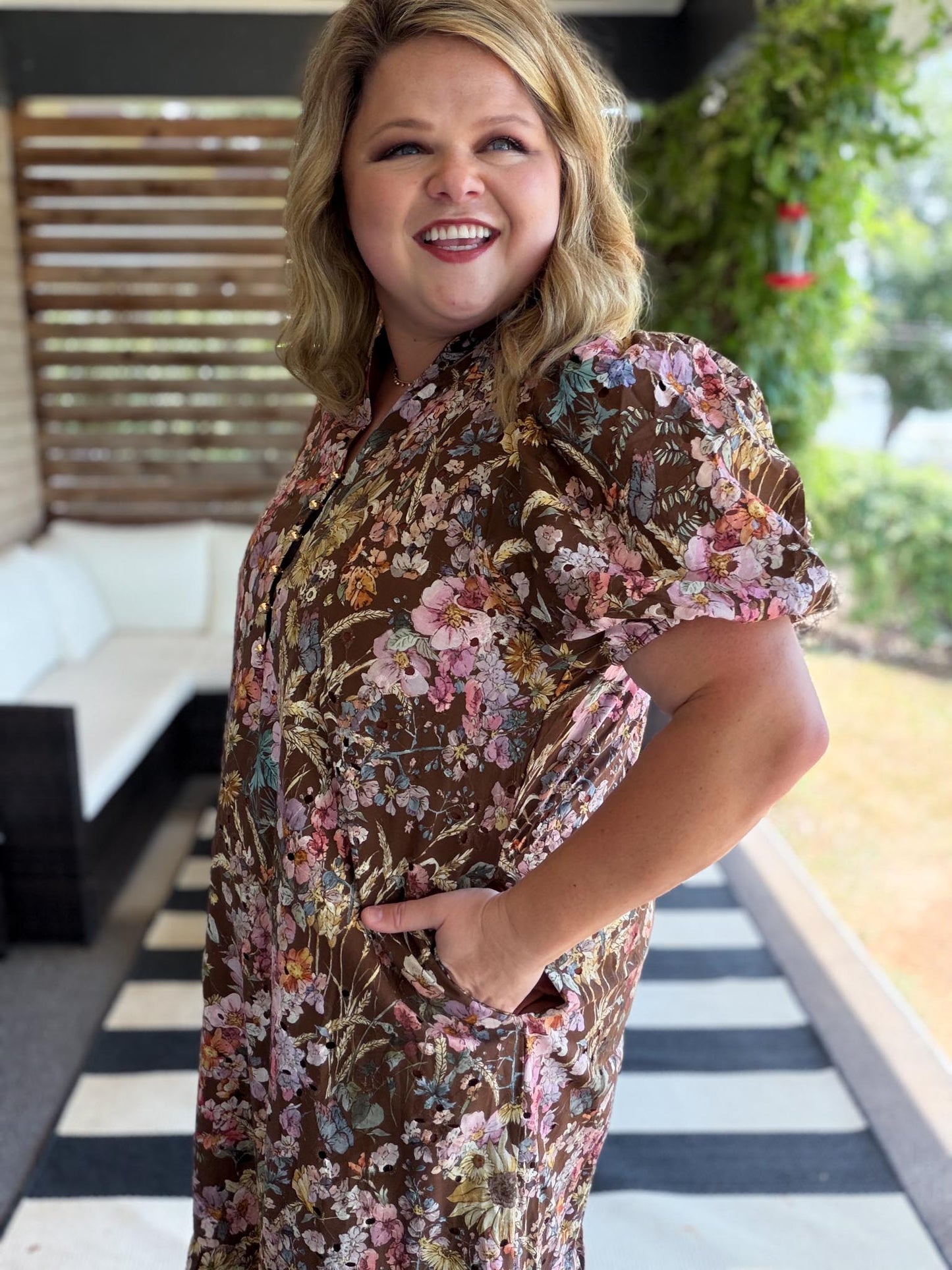 Luxe Layers Curvy Brown Floral Eyelet Midi Dress