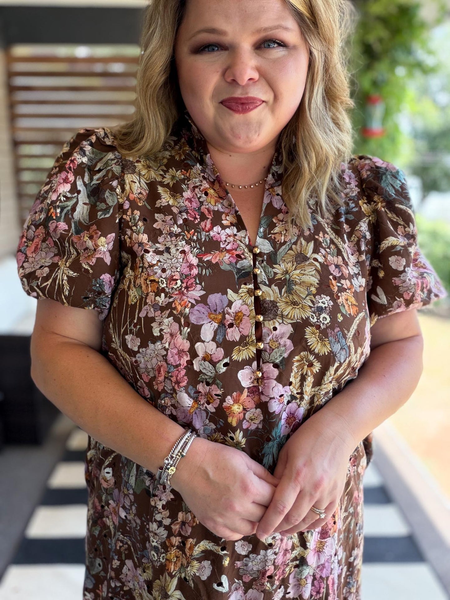 Luxe Layers Curvy Brown Floral Eyelet Midi Dress