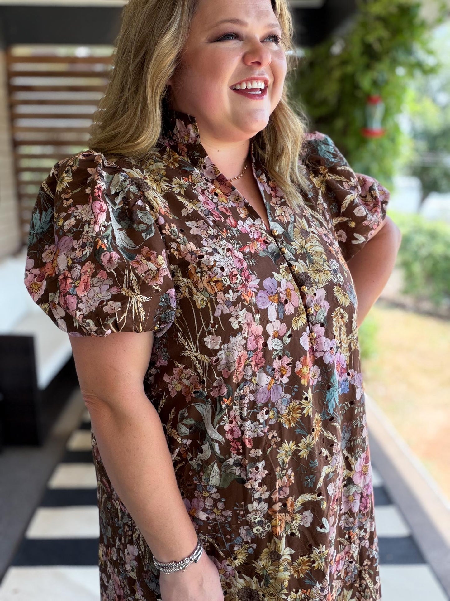 Luxe Layers Curvy Brown Floral Eyelet Midi Dress