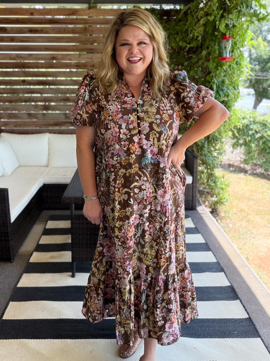 Luxe Layers Curvy Brown Floral Eyelet Midi Dress