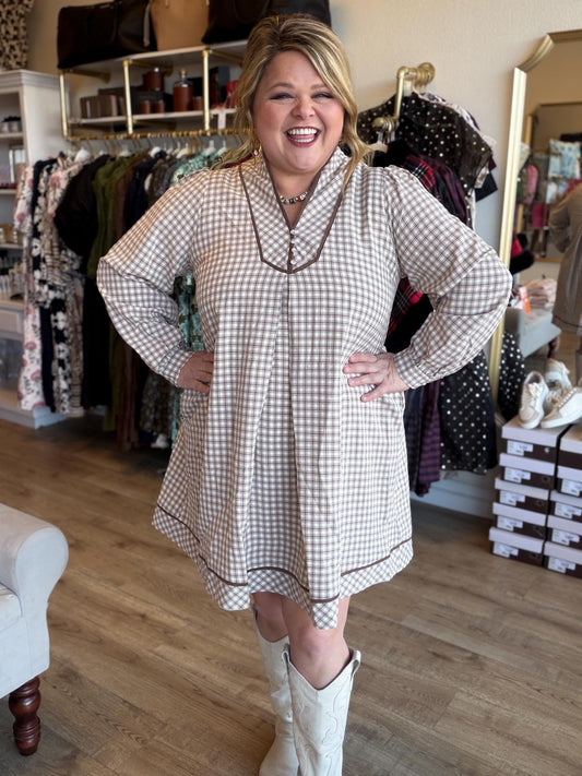 Marshmallow Creme Latte Plaid Mini Dress