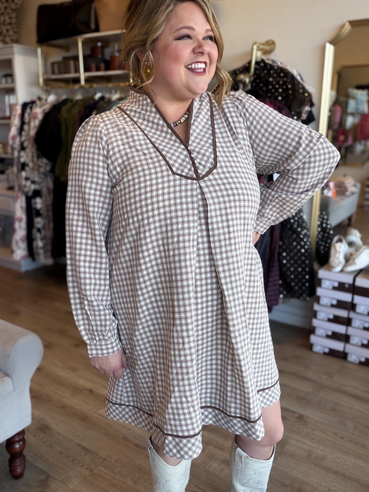 Marshmallow Creme Latte Plaid Mini Dress