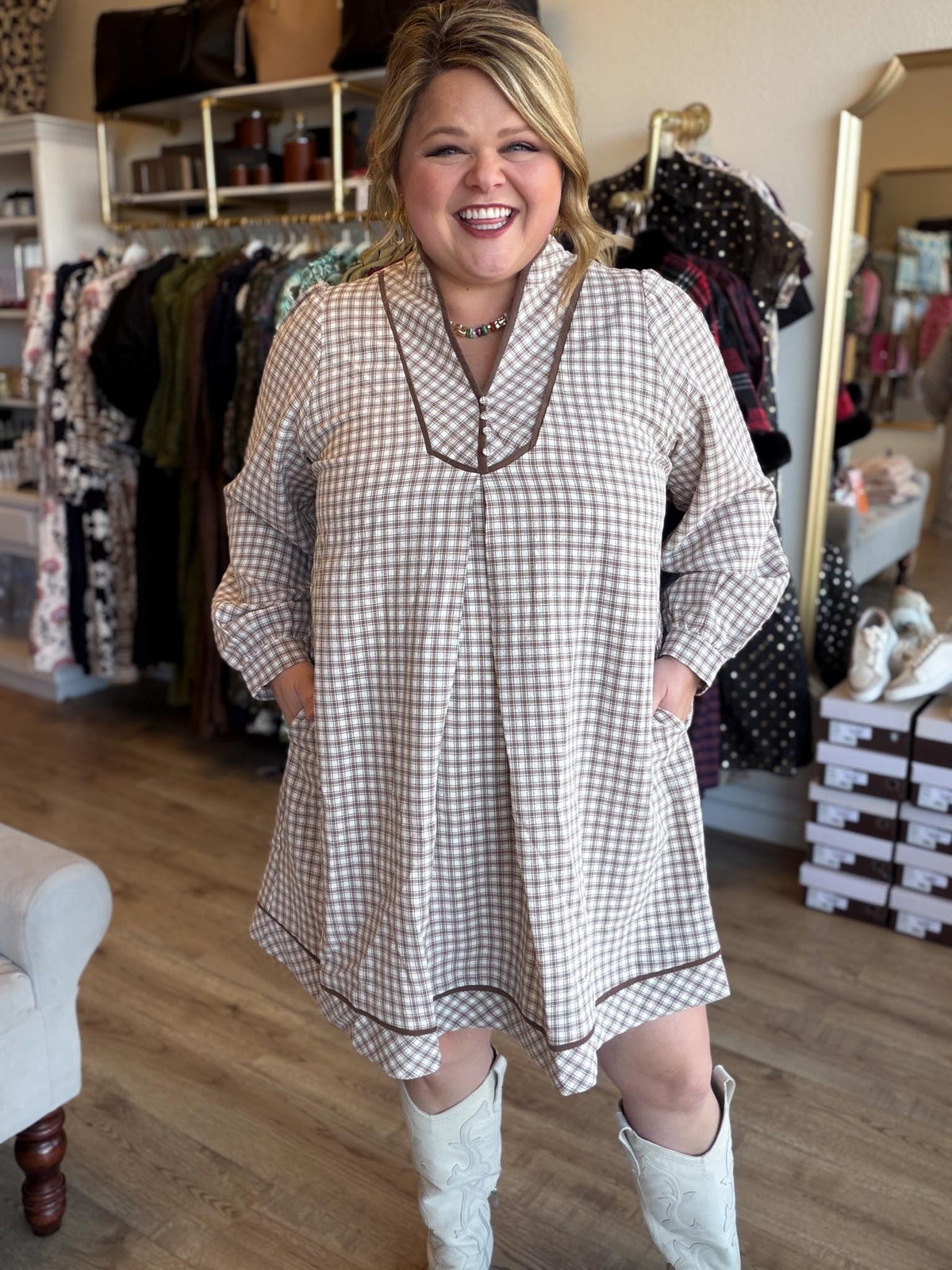 Marshmallow Creme Latte Plaid Mini Dress