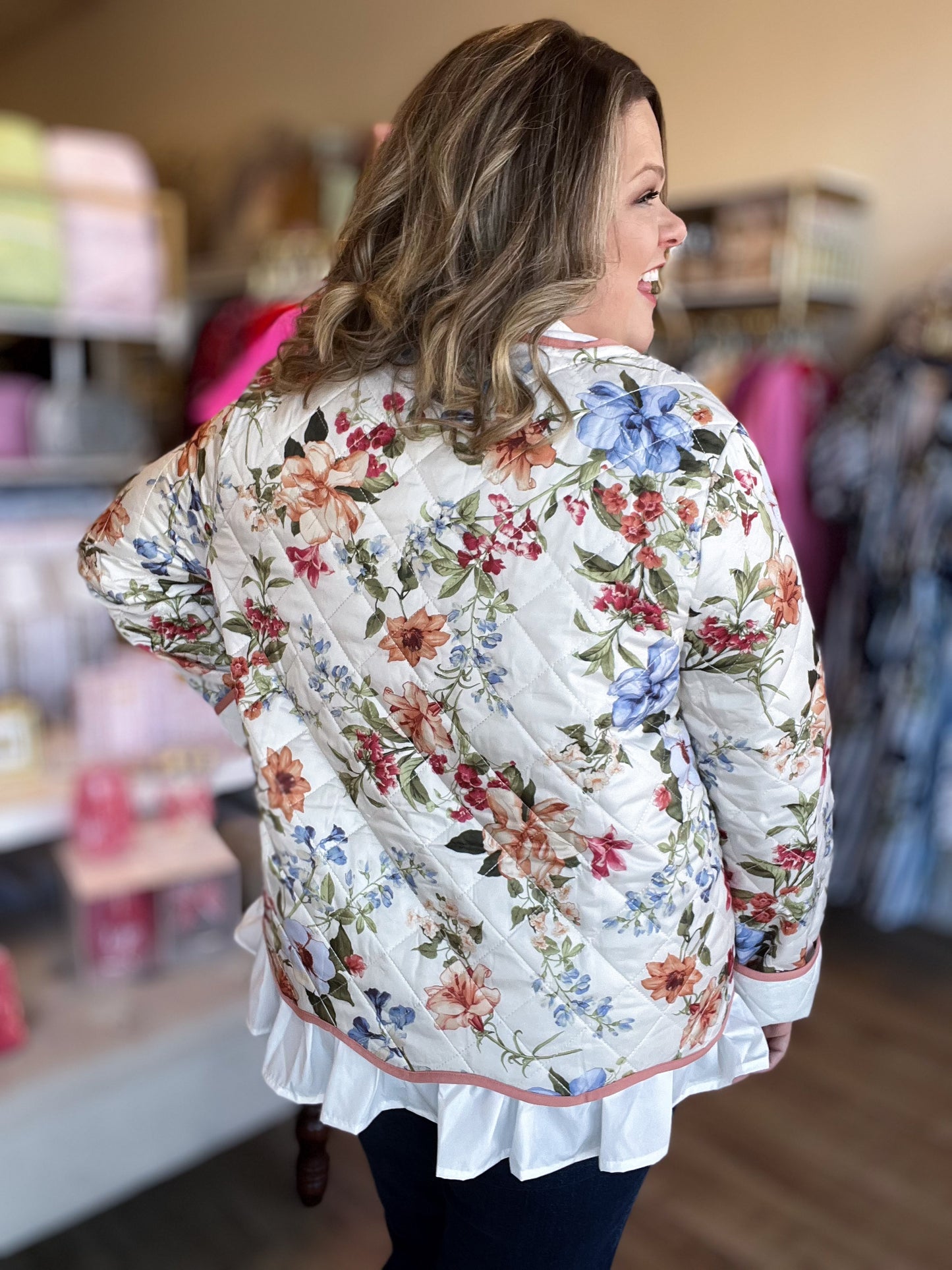 Meadow Mornings Plus-Size Floral Quilted Jacket