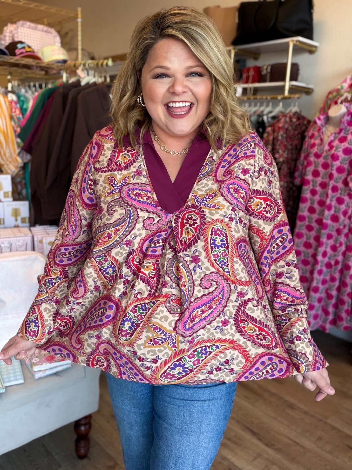 Merlot Mania Curvy Paisley Collared Top