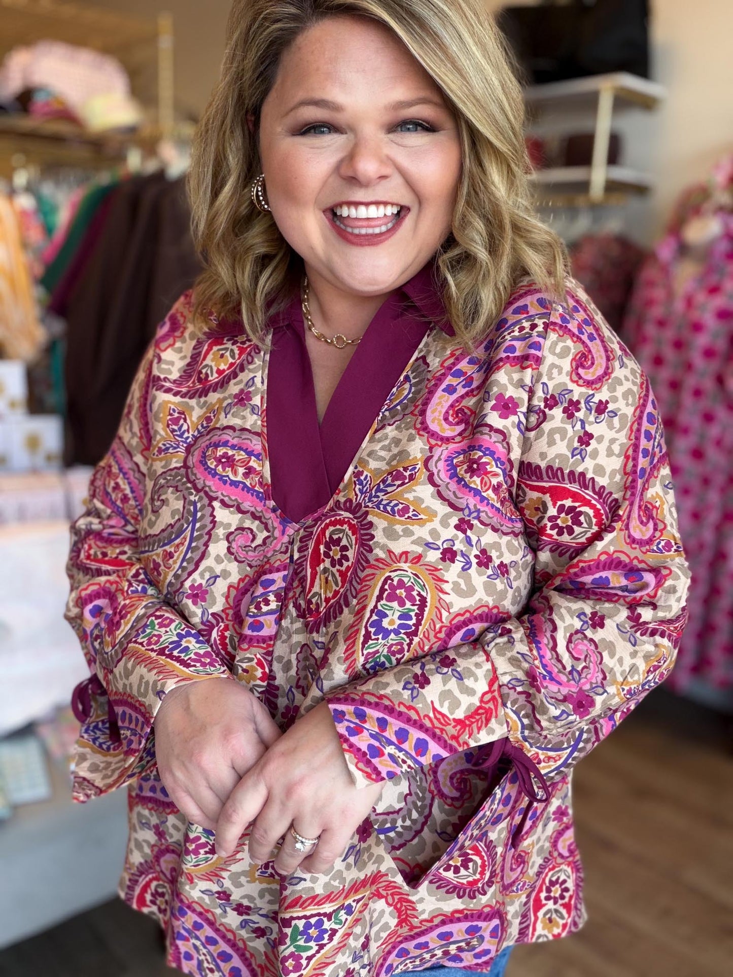Merlot Mania Curvy Paisley Collared Top