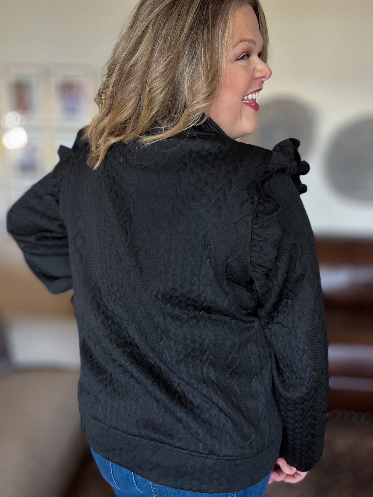 Midnight Ember Curvy Black Cable Knit Half Zip Top