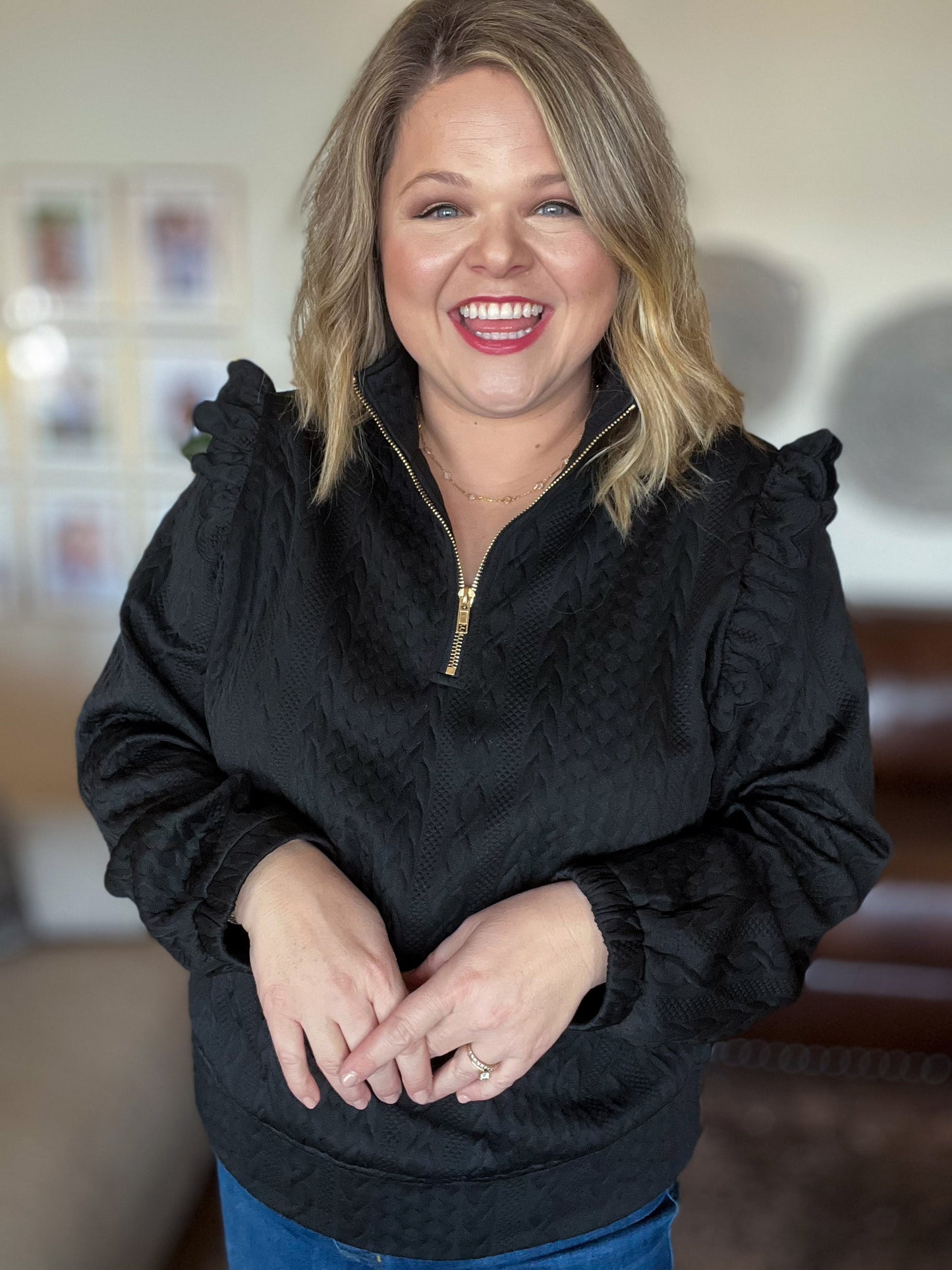 Midnight Ember Curvy Black Cable Knit Half Zip Top