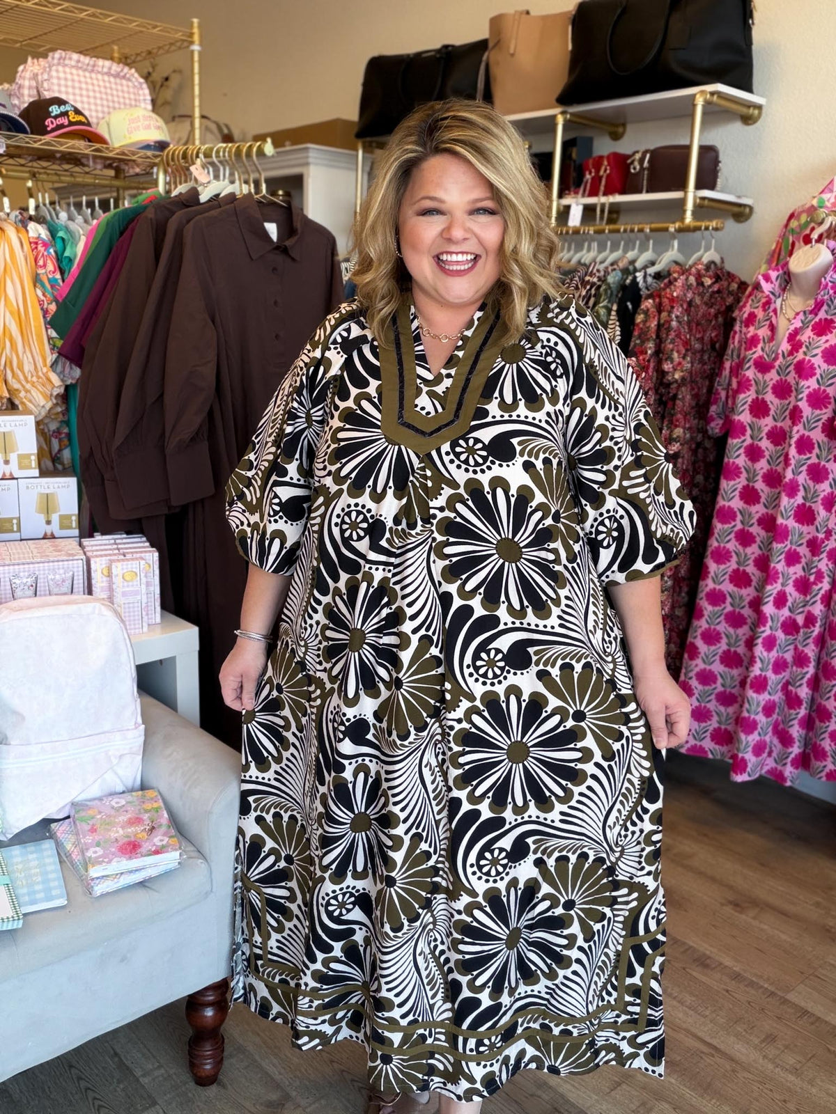 Midnight Garden Curvy Abstract Print Midi Dress