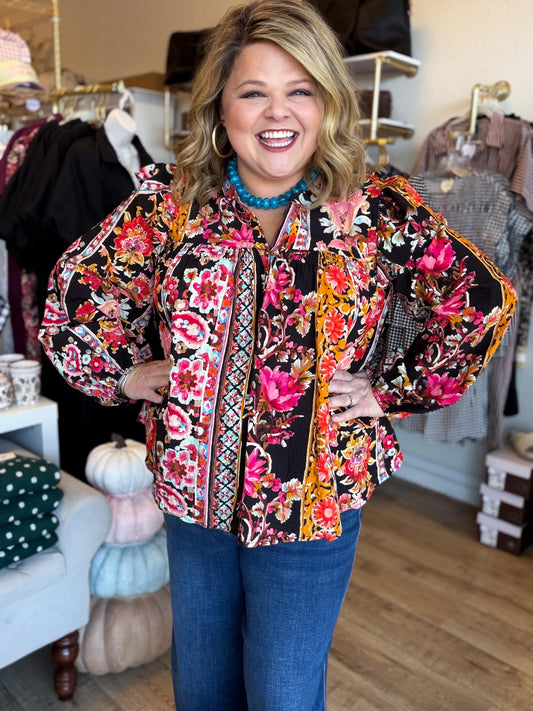 Midnight Garden Plus-Size Black Floral Top