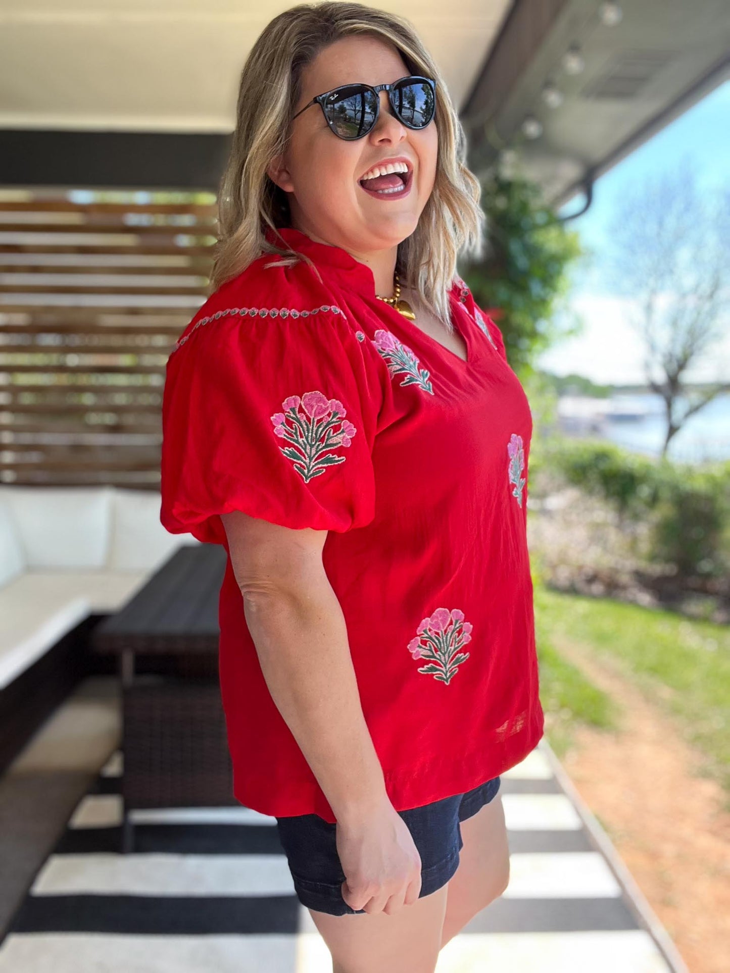 Miss American Pie Curvy Red Bubble Sleeve Top