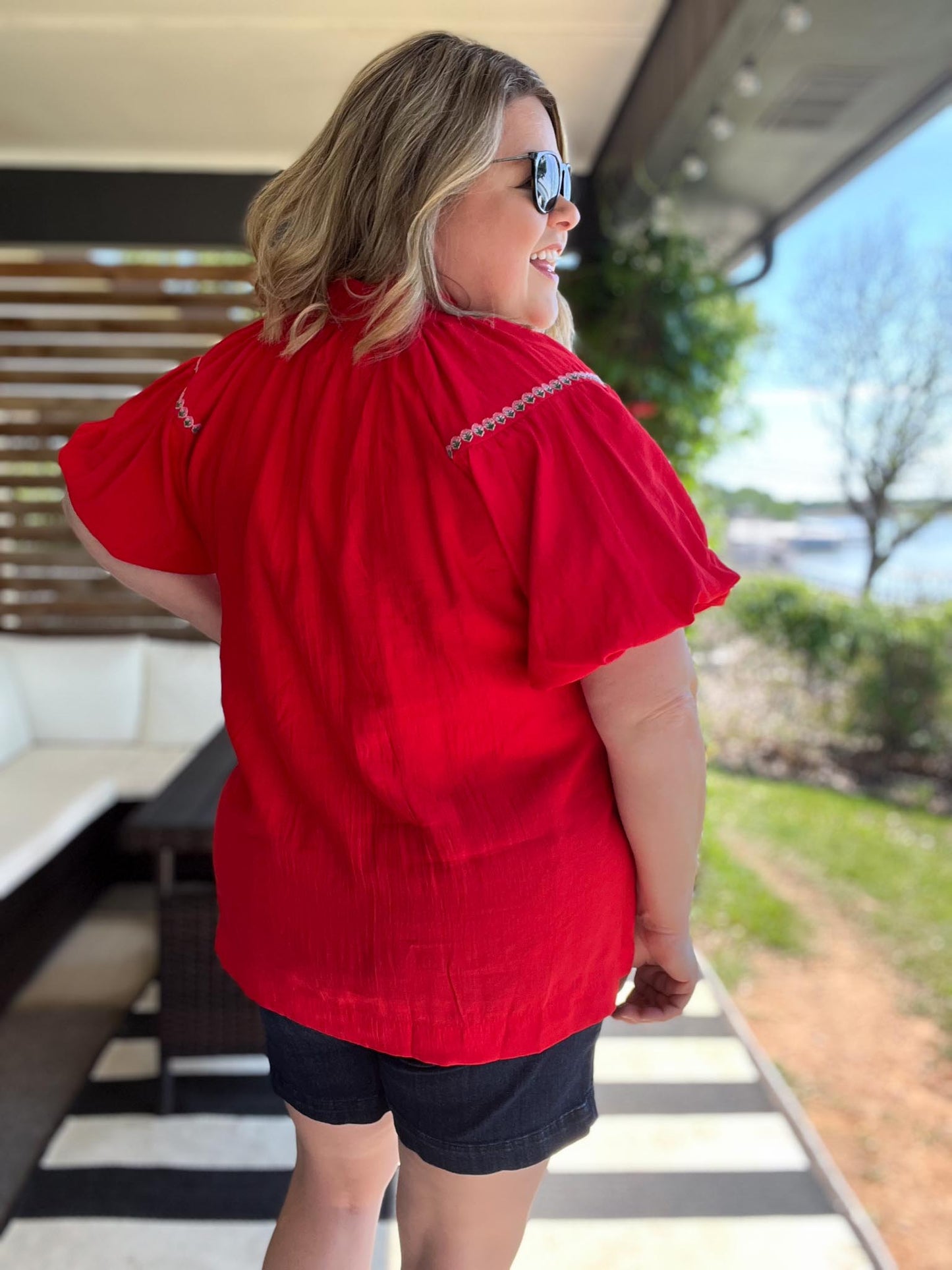 Miss American Pie Curvy Red Bubble Sleeve Top