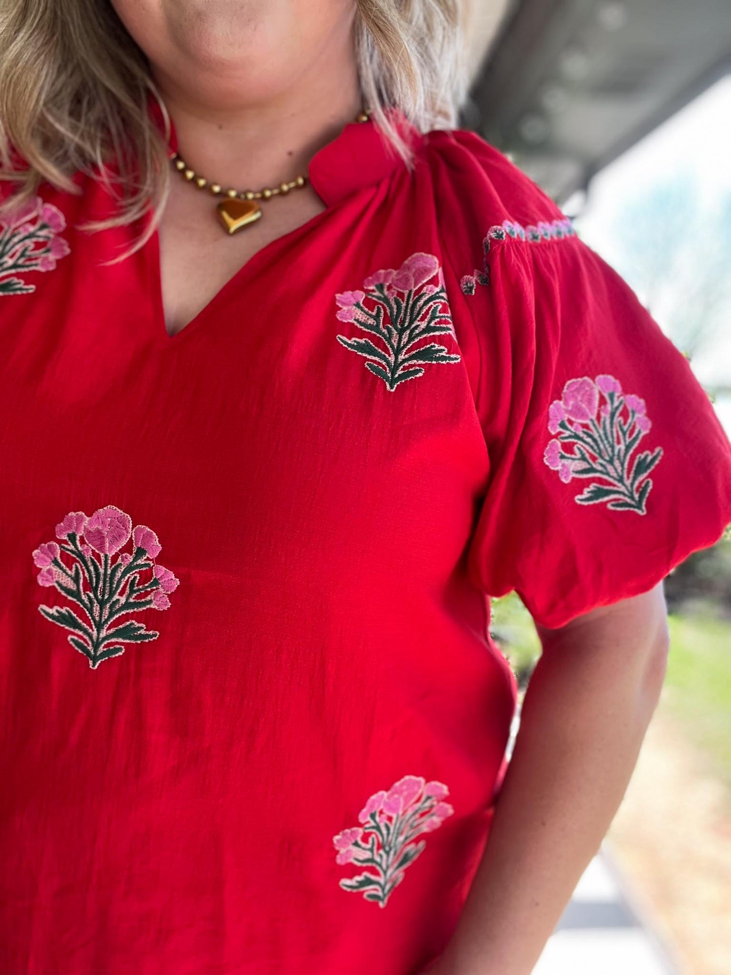 Miss American Pie Curvy Red Bubble Sleeve Top