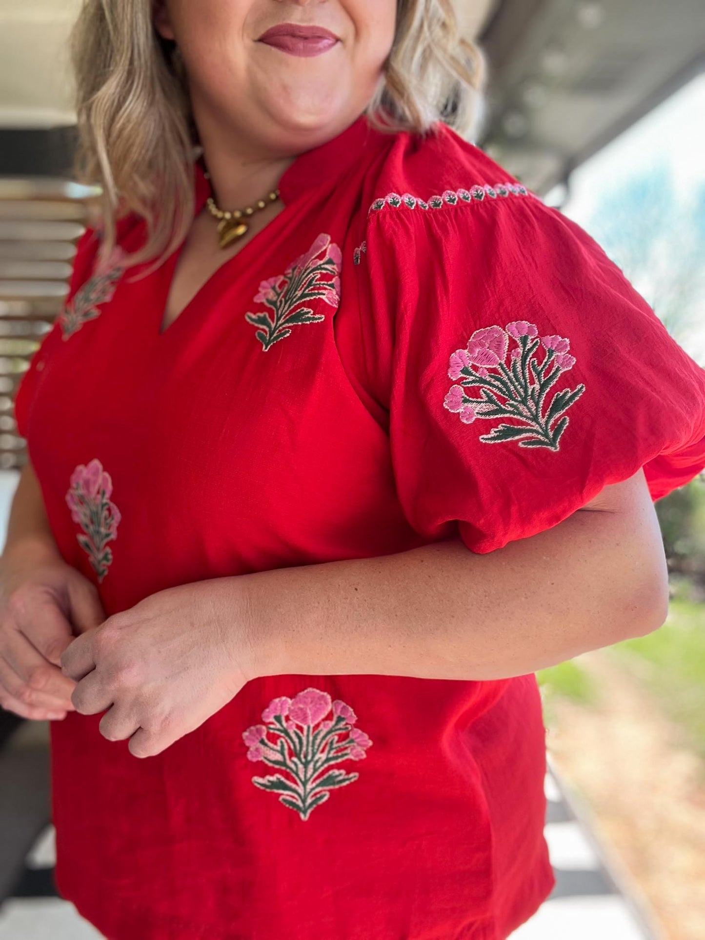 Miss American Pie Curvy Red Bubble Sleeve Top