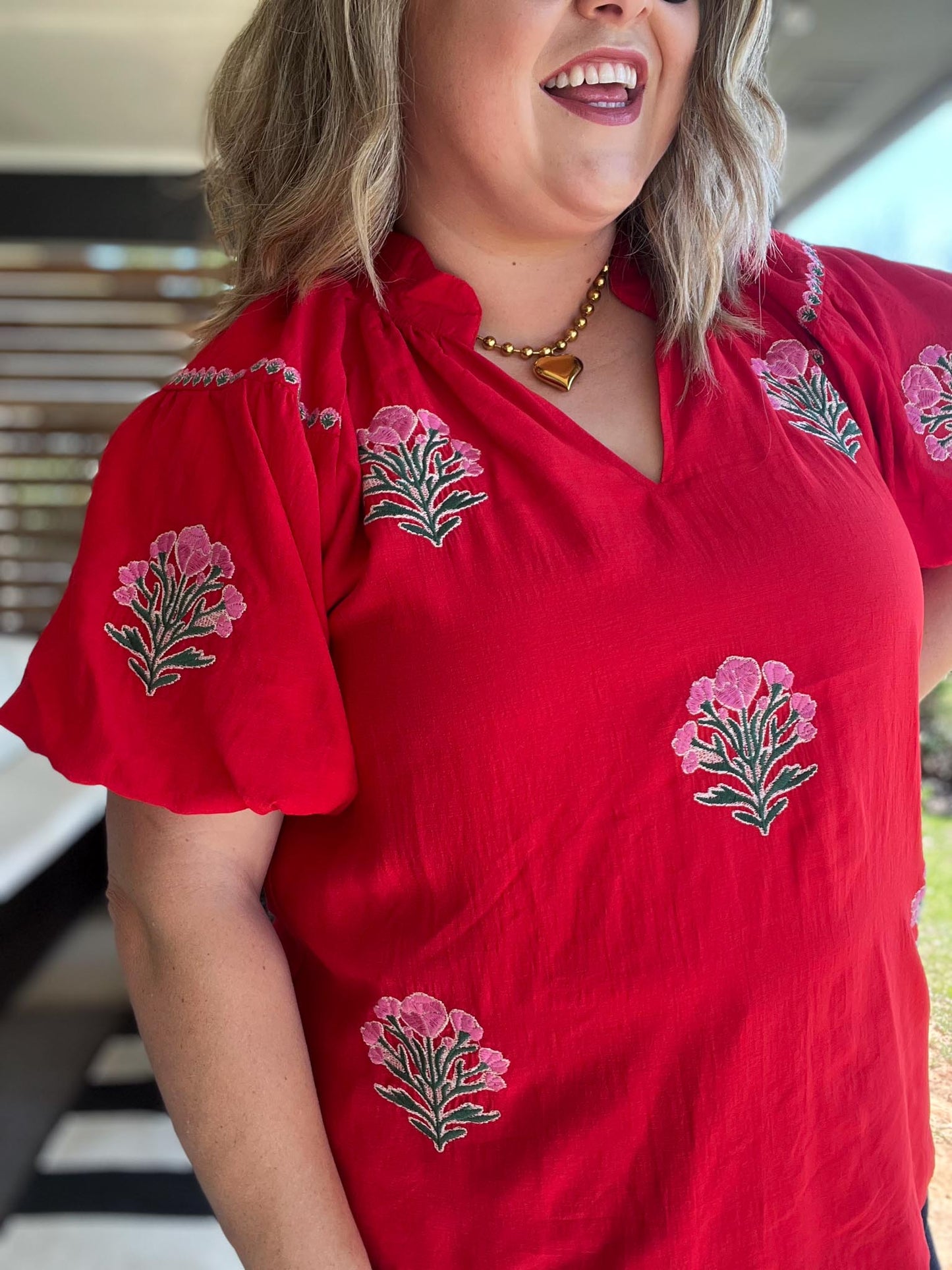 Miss American Pie Curvy Red Bubble Sleeve Top