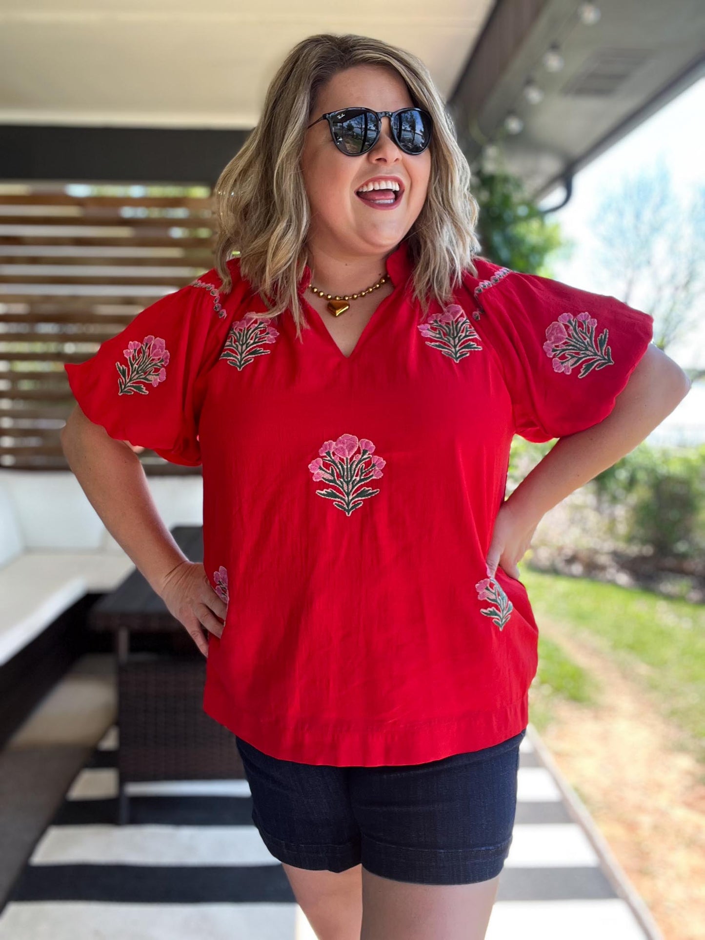 Miss American Pie Curvy Red Bubble Sleeve Top