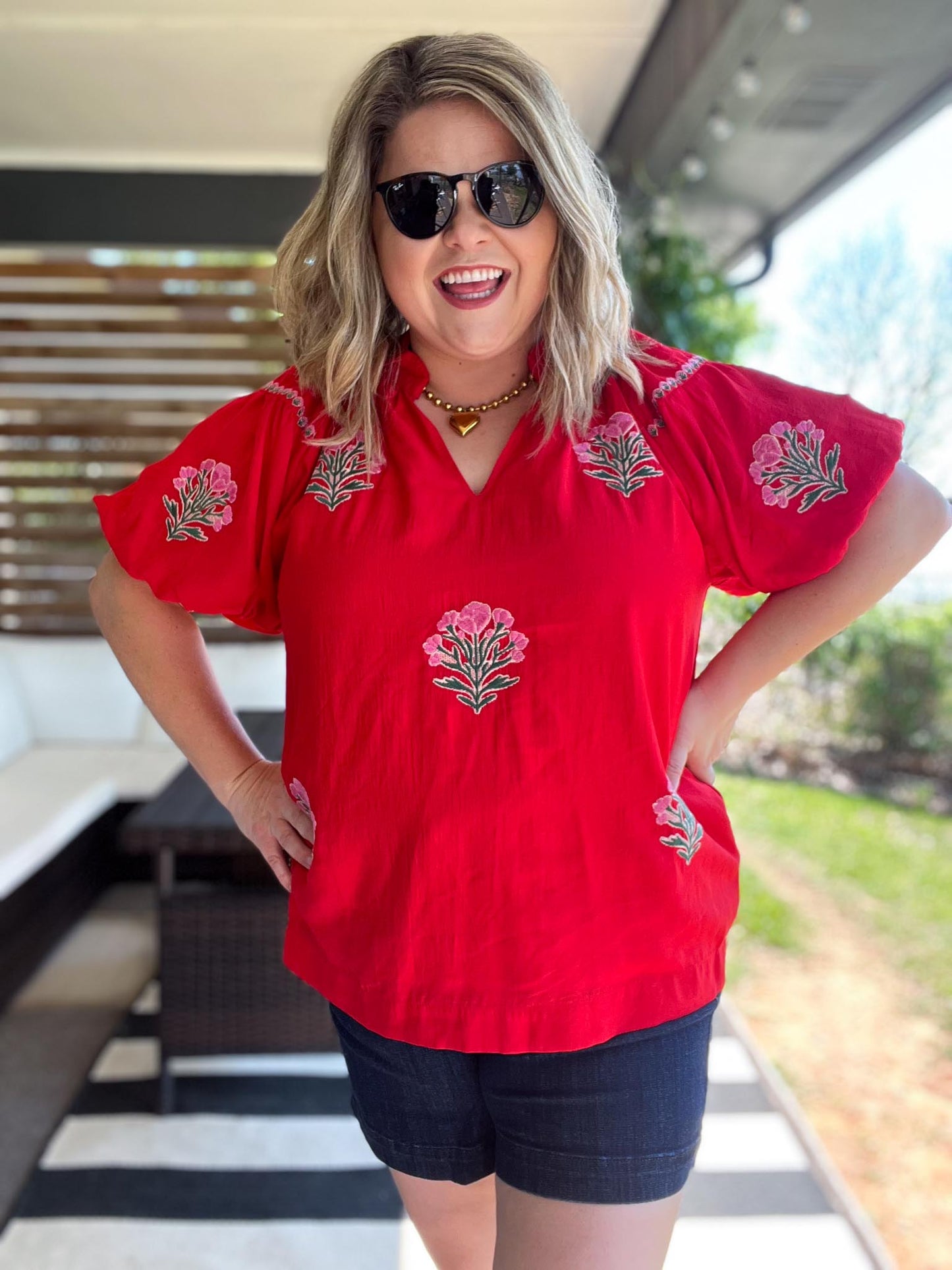 Miss American Pie Curvy Red Bubble Sleeve Top