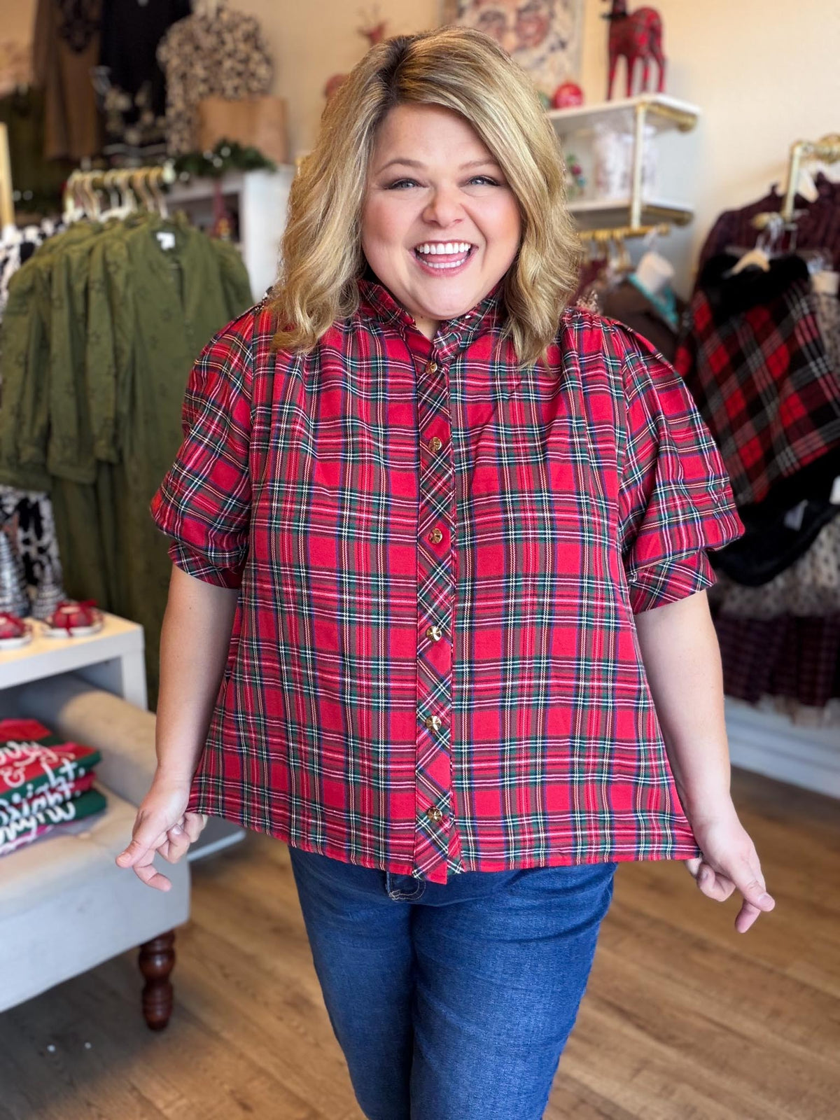 Mistletoe & Martinis Tartan Puff Sleeve Top