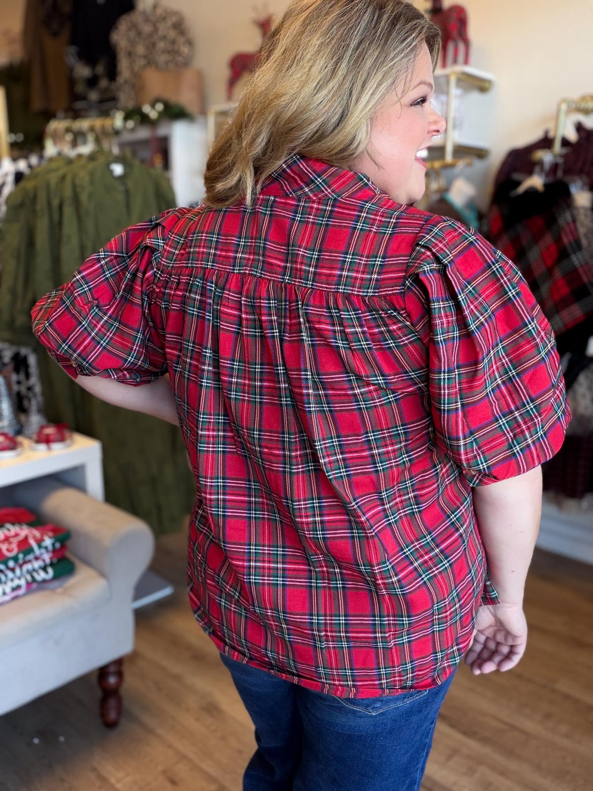 Mistletoe & Martinis Tartan Puff Sleeve Top