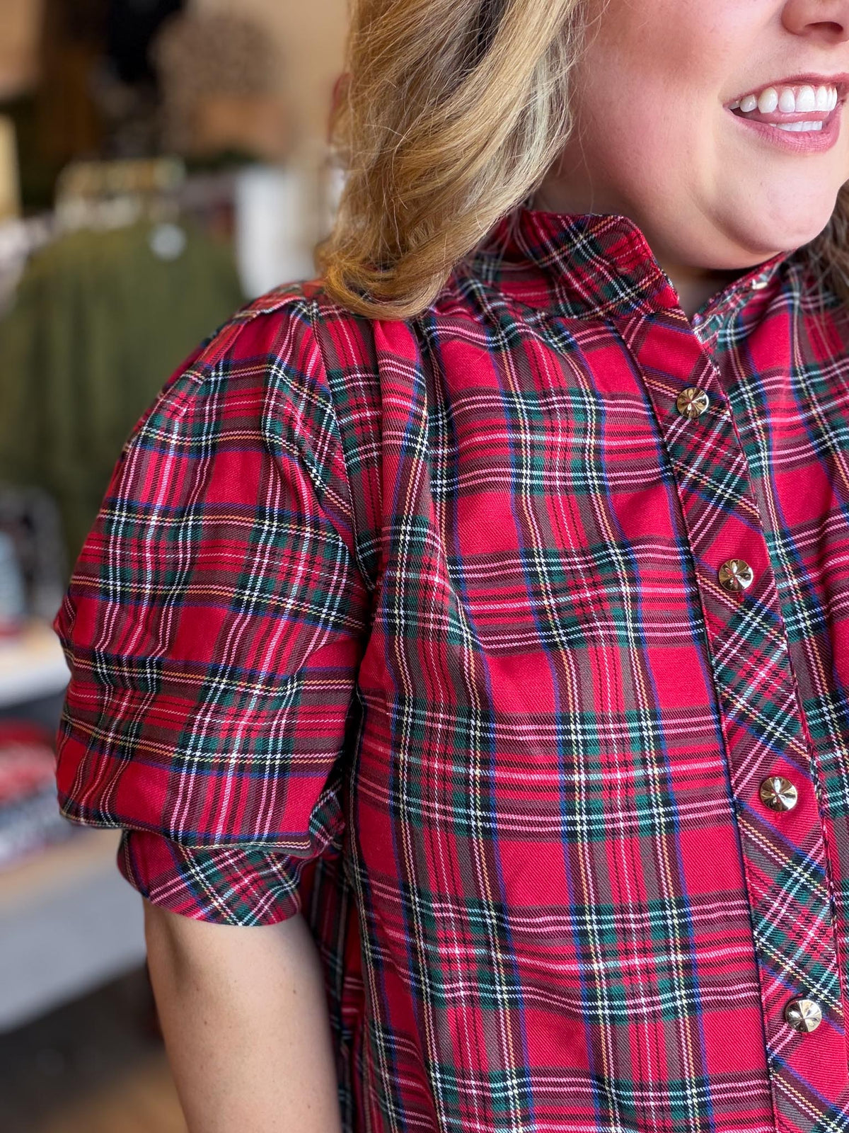 Mistletoe & Martinis Tartan Puff Sleeve Top