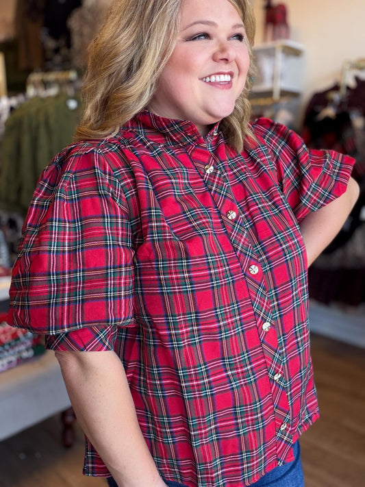Mistletoe & Martinis Tartan Puff Sleeve Top