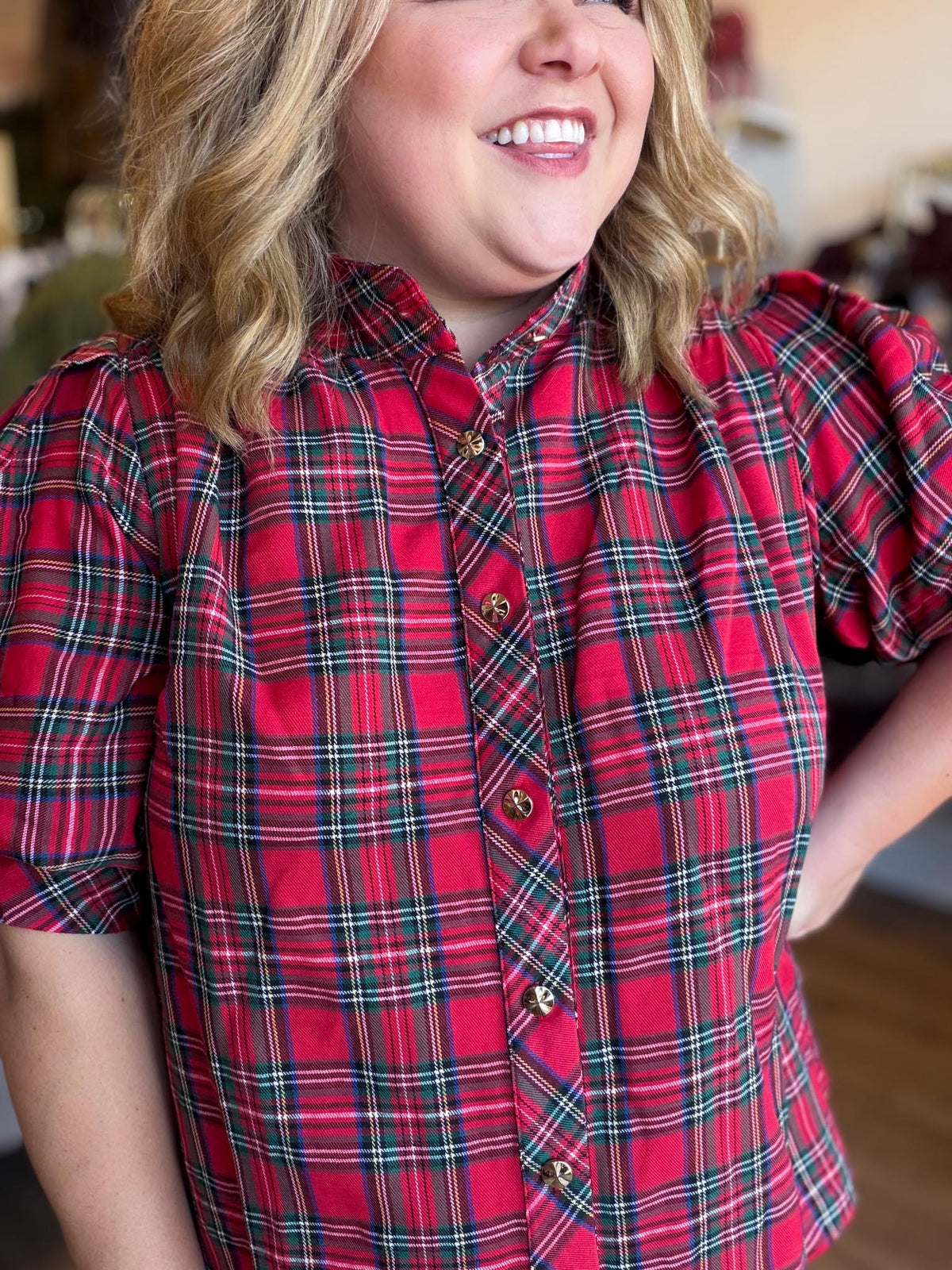 Mistletoe & Martinis Tartan Puff Sleeve Top