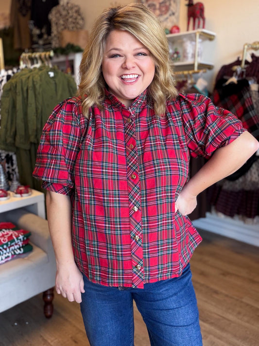 Mistletoe & Martinis Tartan Puff Sleeve Top
