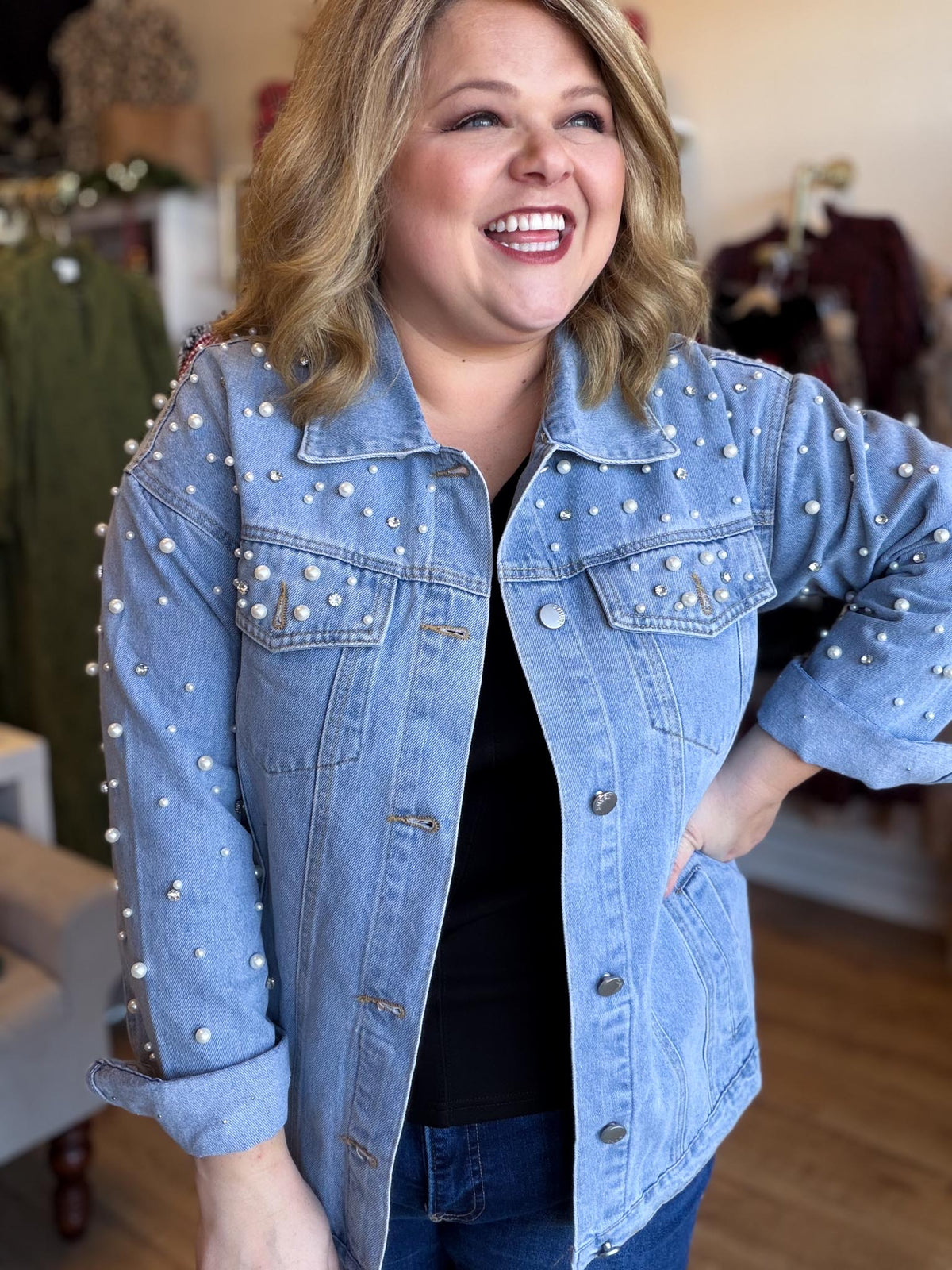 Mixin' Country & Disco Pearl Rhinestoned Detail Denim Jacket
