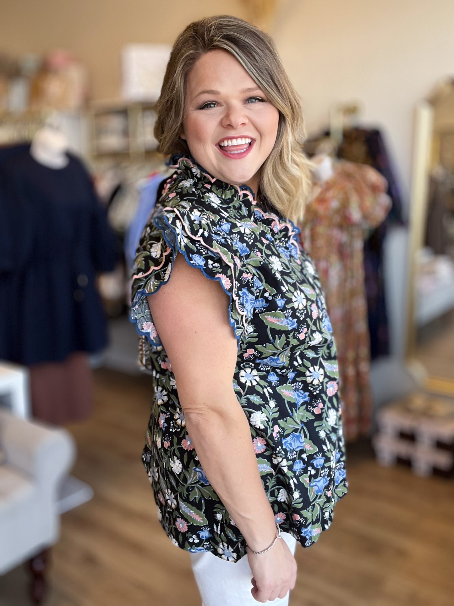 Moonlit Florals Curvy Black Scallop Top