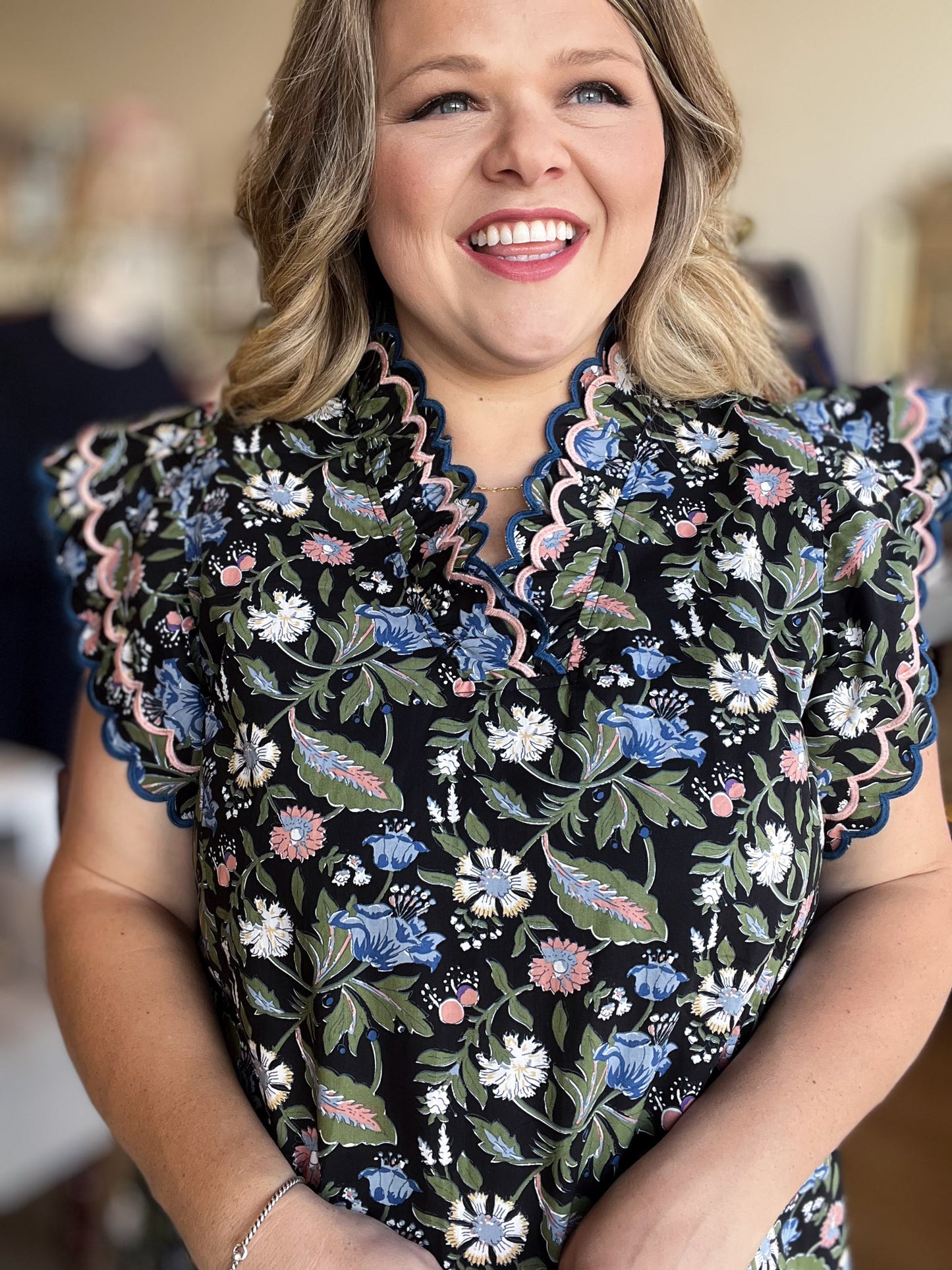 Moonlit Florals Curvy Black Scallop Top