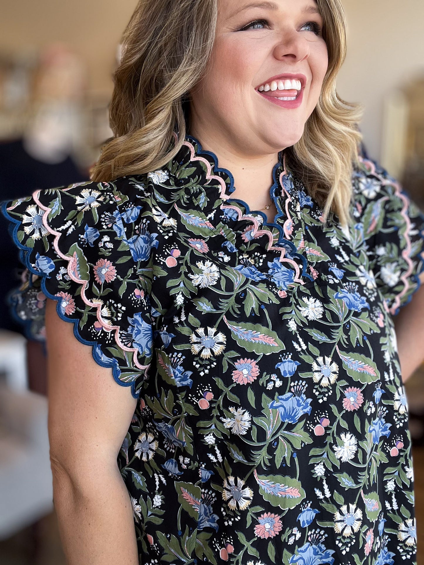 Moonlit Florals Curvy Black Scallop Top