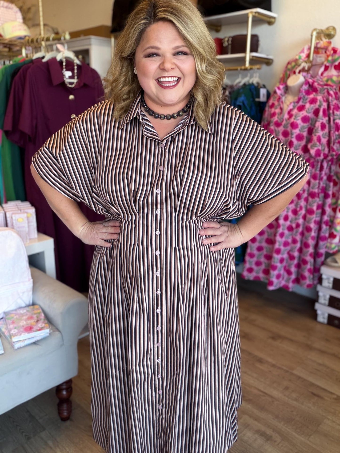 Morning Roast Plus-Size Brown Striped Midi Dress