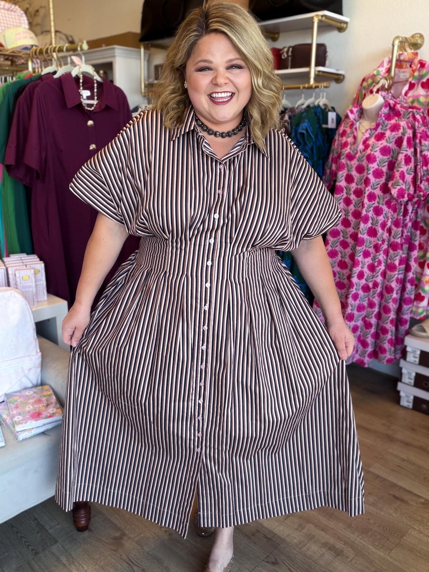Morning Roast Plus-Size Brown Striped Midi Dress