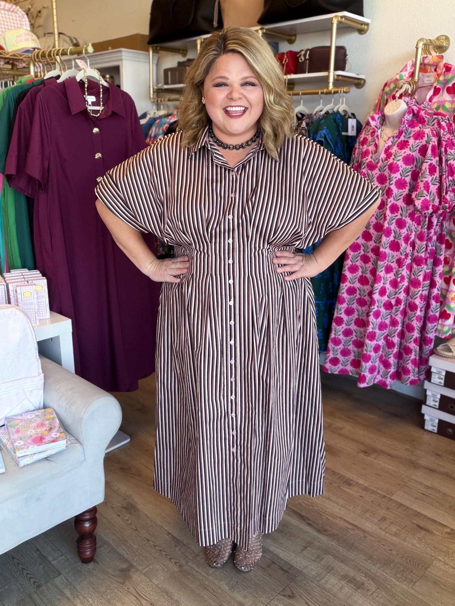 Morning Roast Plus-Size Brown Striped Midi Dress