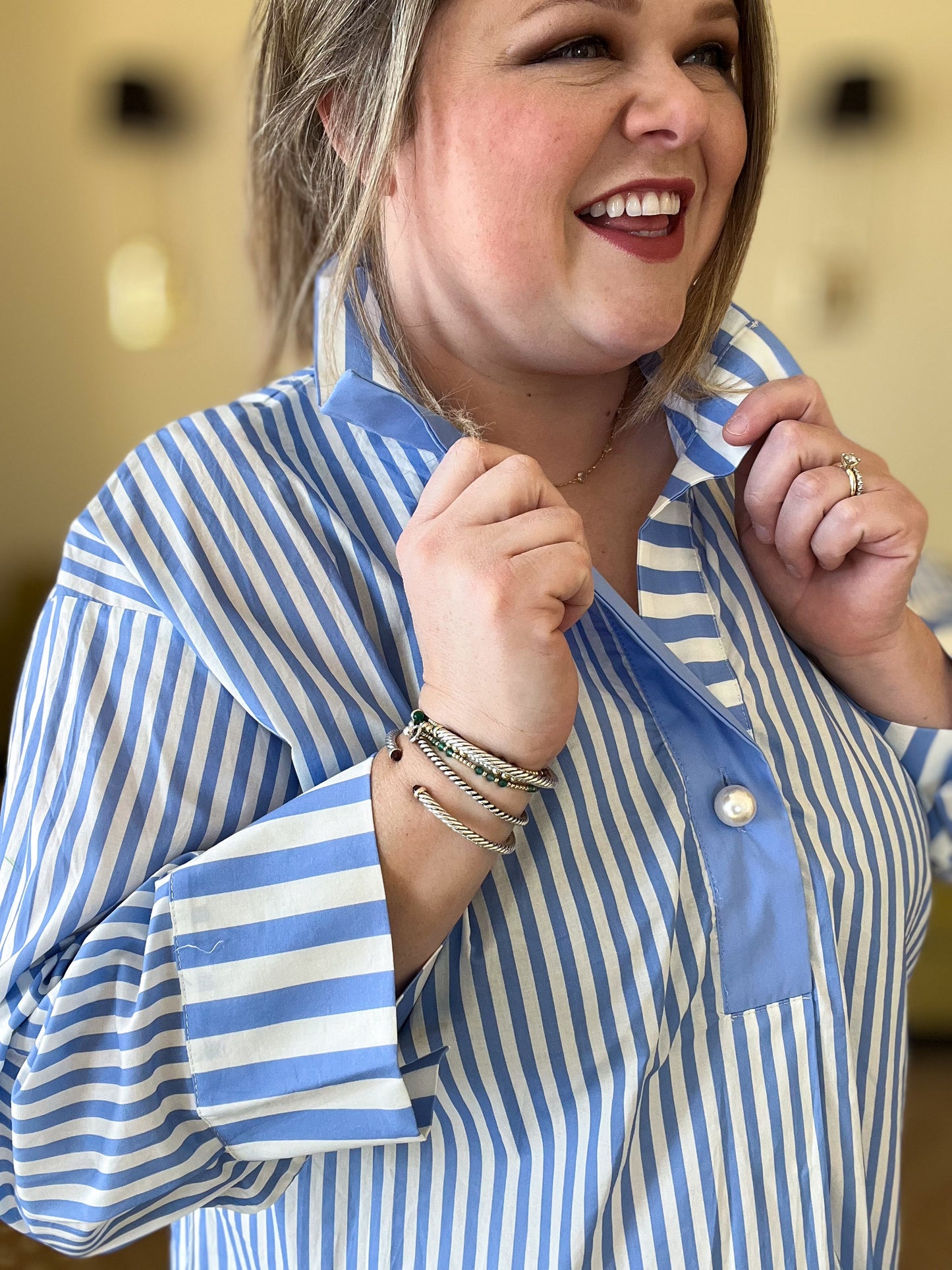 Mother of Pearl Curvy Blue Striped Blouse
